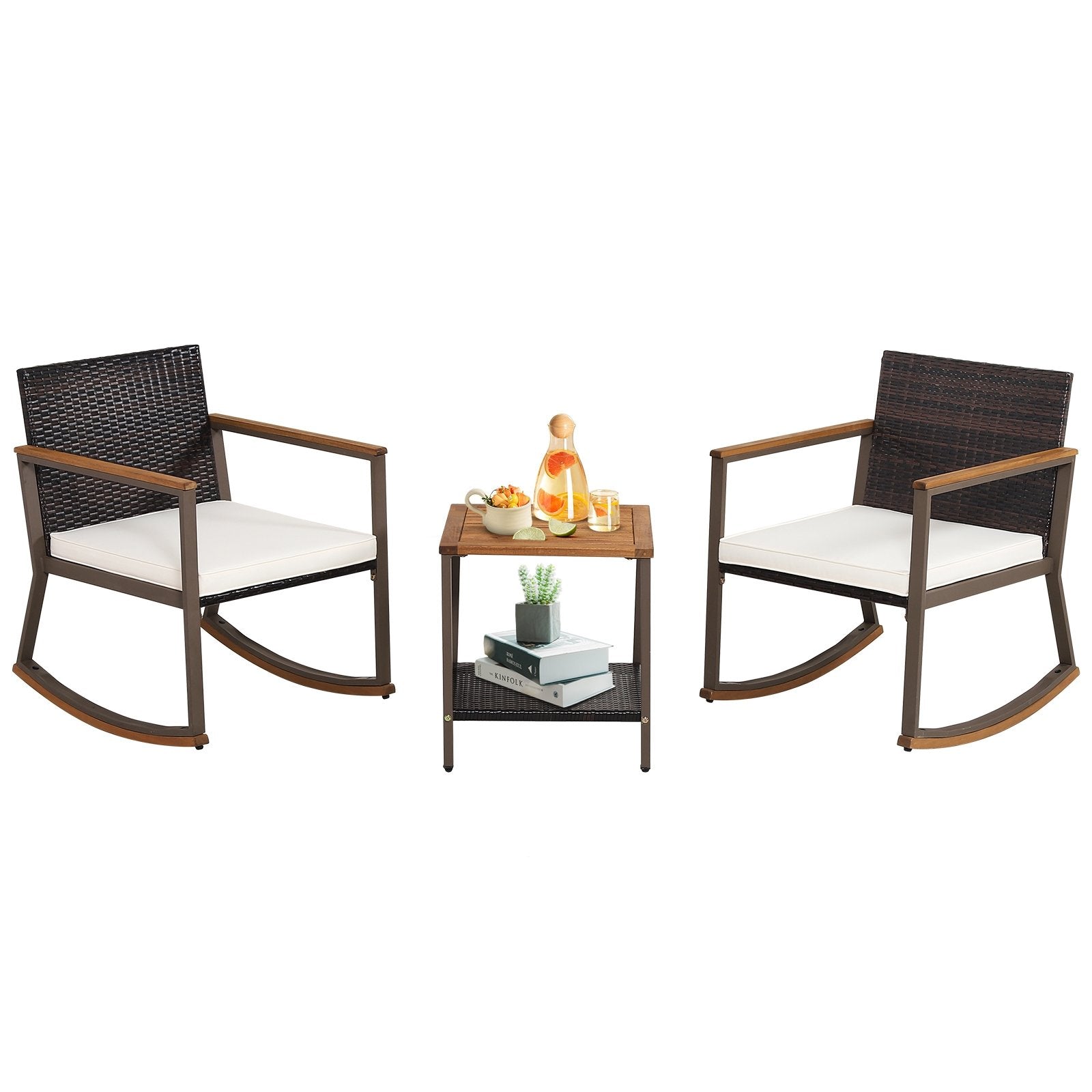 3 Pieces Rattan Rocking Bistro Set with Coffee Table and Cushions, Off White Patio Conversation Sets   at Gallery Canada