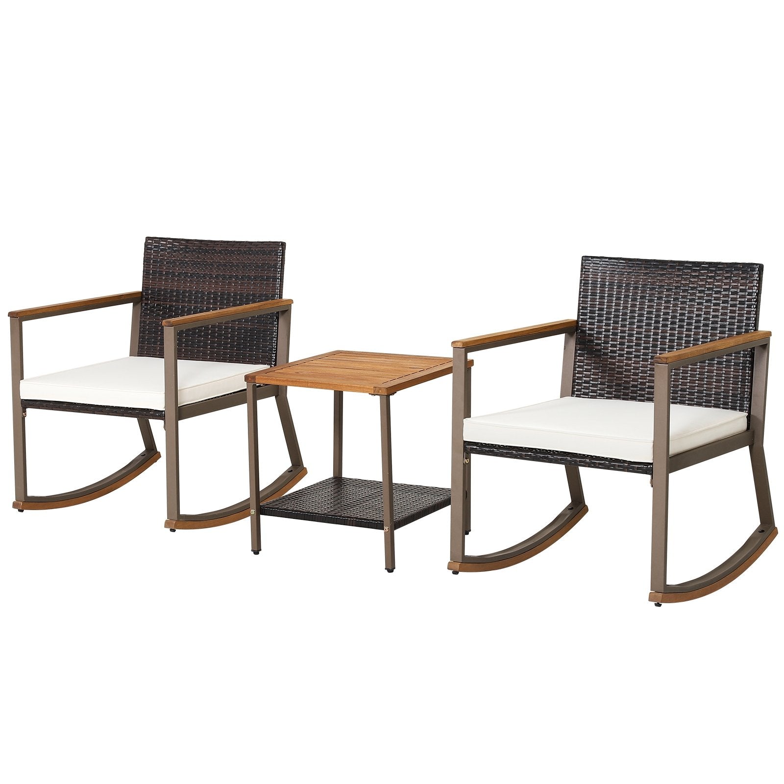 3 Pieces Rattan Rocking Bistro Set with Coffee Table and Cushions, Off White Patio Conversation Sets   at Gallery Canada