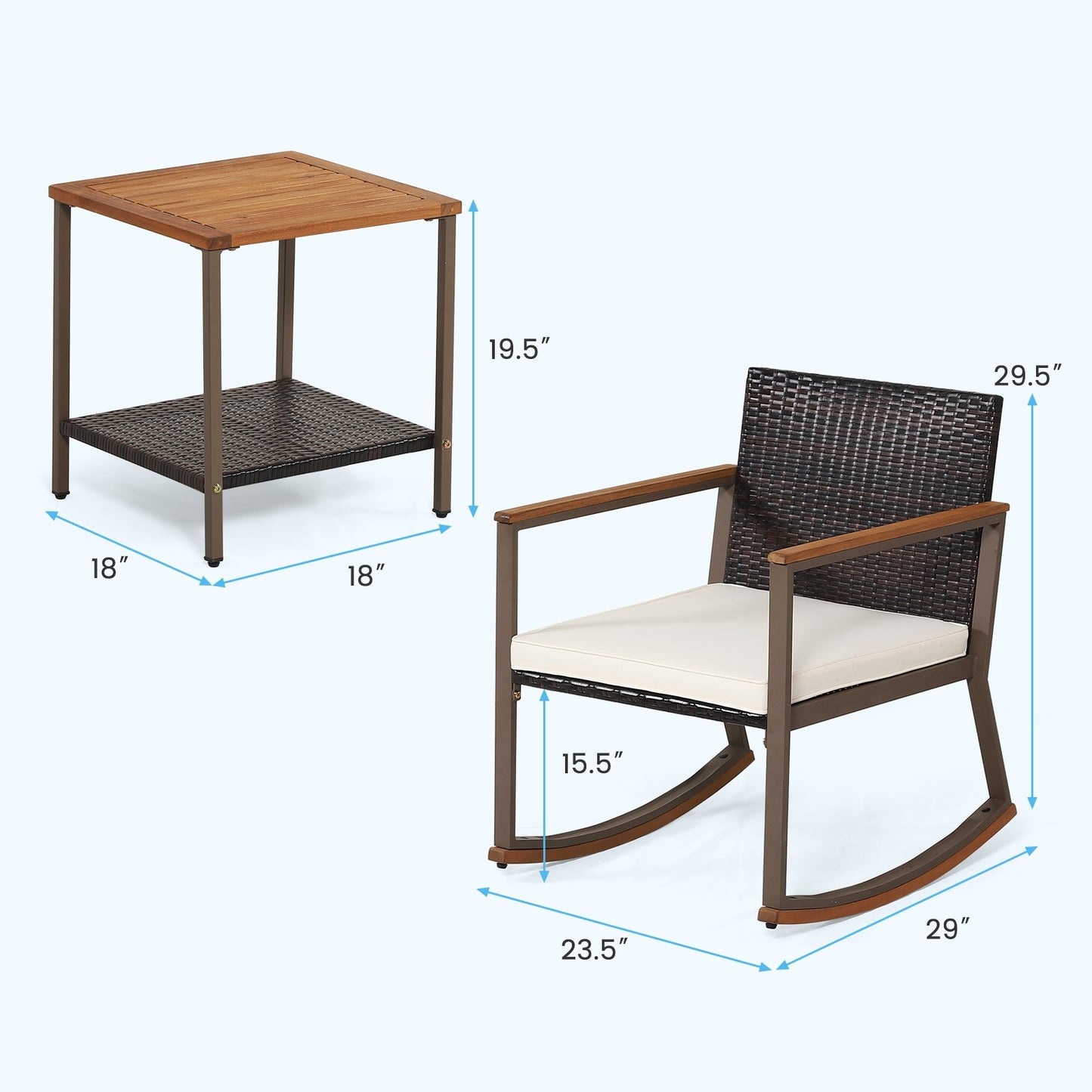 3 Pieces Rattan Rocking Bistro Set with Coffee Table and Cushions, Off White Patio Conversation Sets   at Gallery Canada