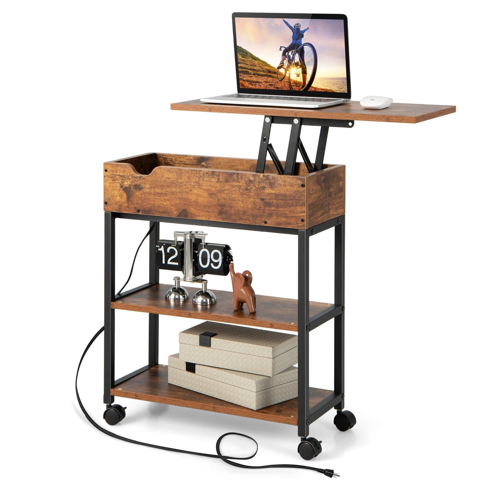 Lift Top End Table with Charging Station and Universal Wheels, Rustic Brown End & Side Tables   at Gallery Canada