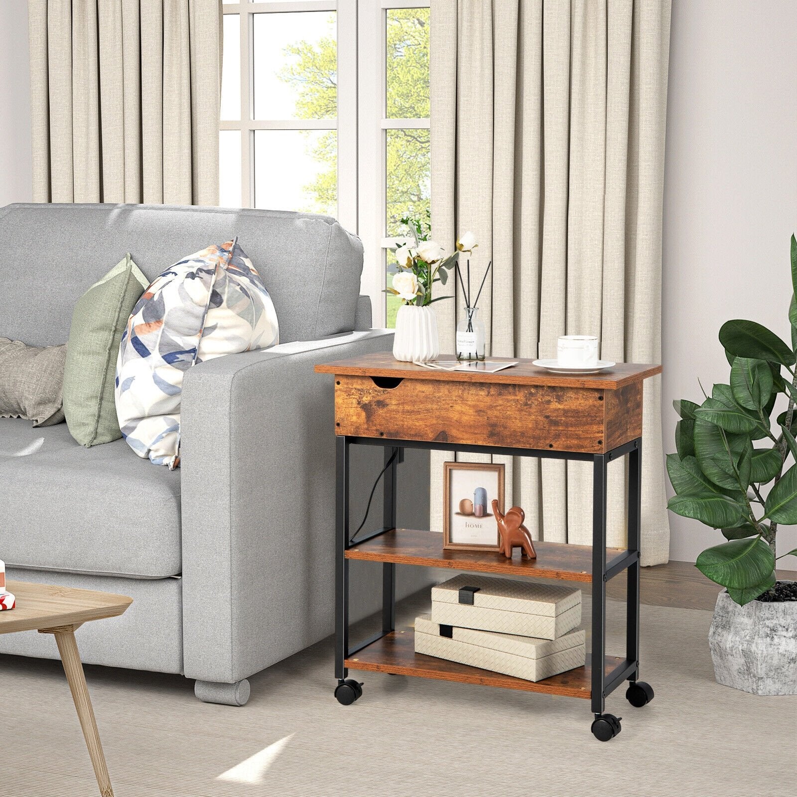 Lift Top End Table with Charging Station and Universal Wheels, Rustic Brown End & Side Tables   at Gallery Canada