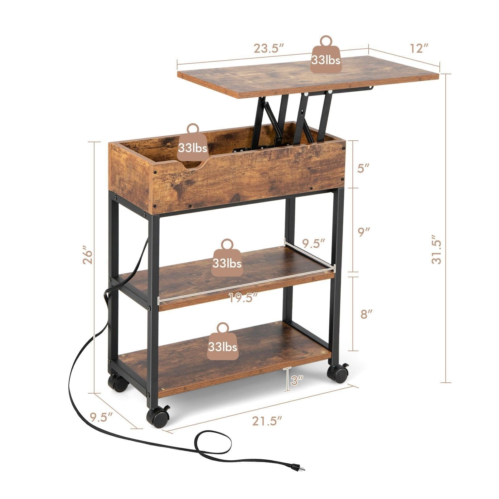 Lift Top End Table with Charging Station and Universal Wheels, Rustic Brown End & Side Tables   at Gallery Canada