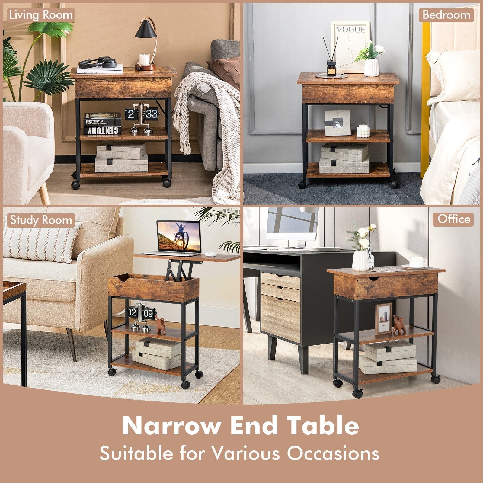 Lift Top End Table with Charging Station and Universal Wheels, Rustic Brown End & Side Tables   at Gallery Canada