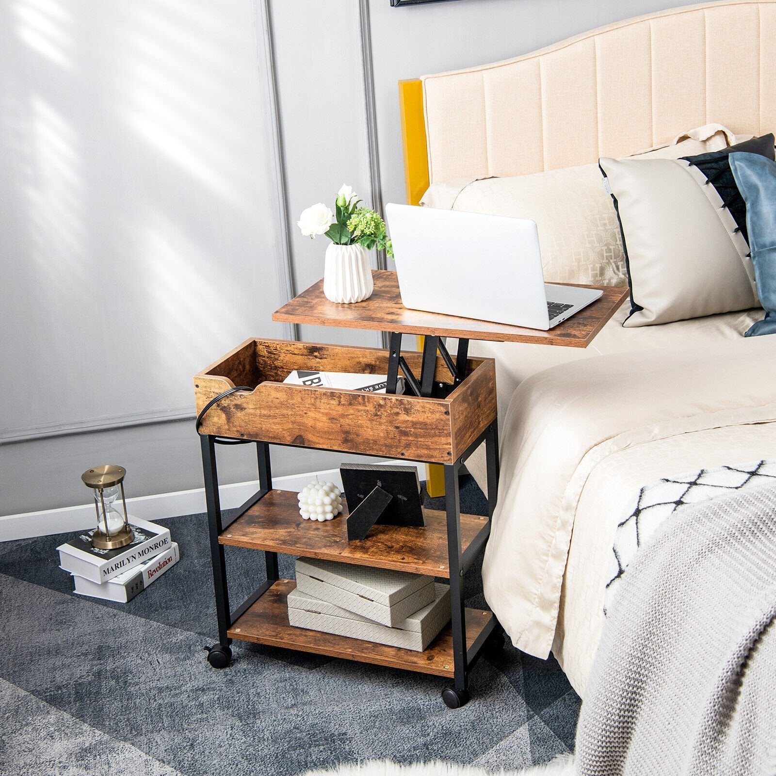 Lift Top End Table with Charging Station and Universal Wheels, Rustic Brown End & Side Tables   at Gallery Canada