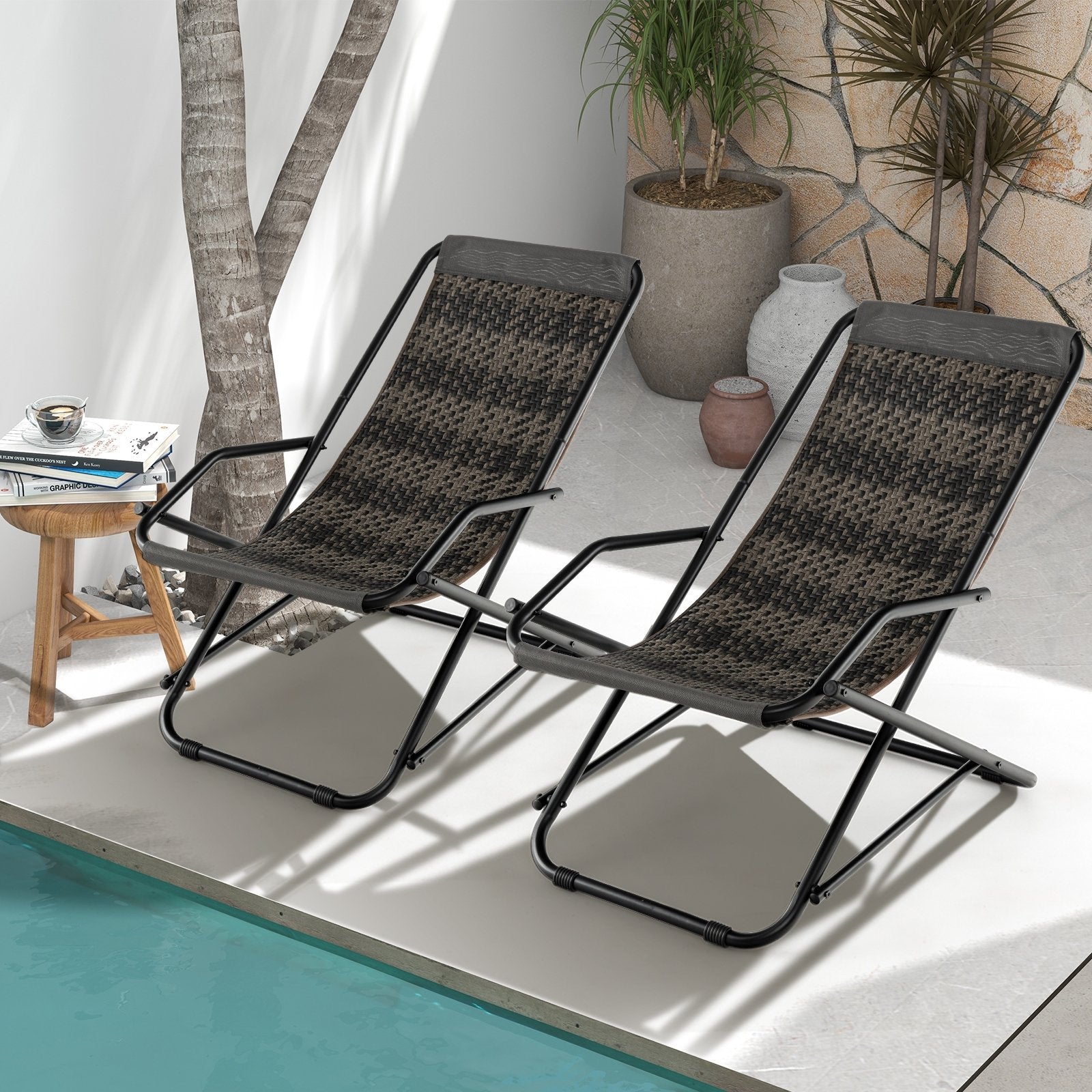 Patio PE Wicker Rocking Chair with Armrests and Metal Frame, Gray Patio Rocking Chairs & Gliders   at Gallery Canada