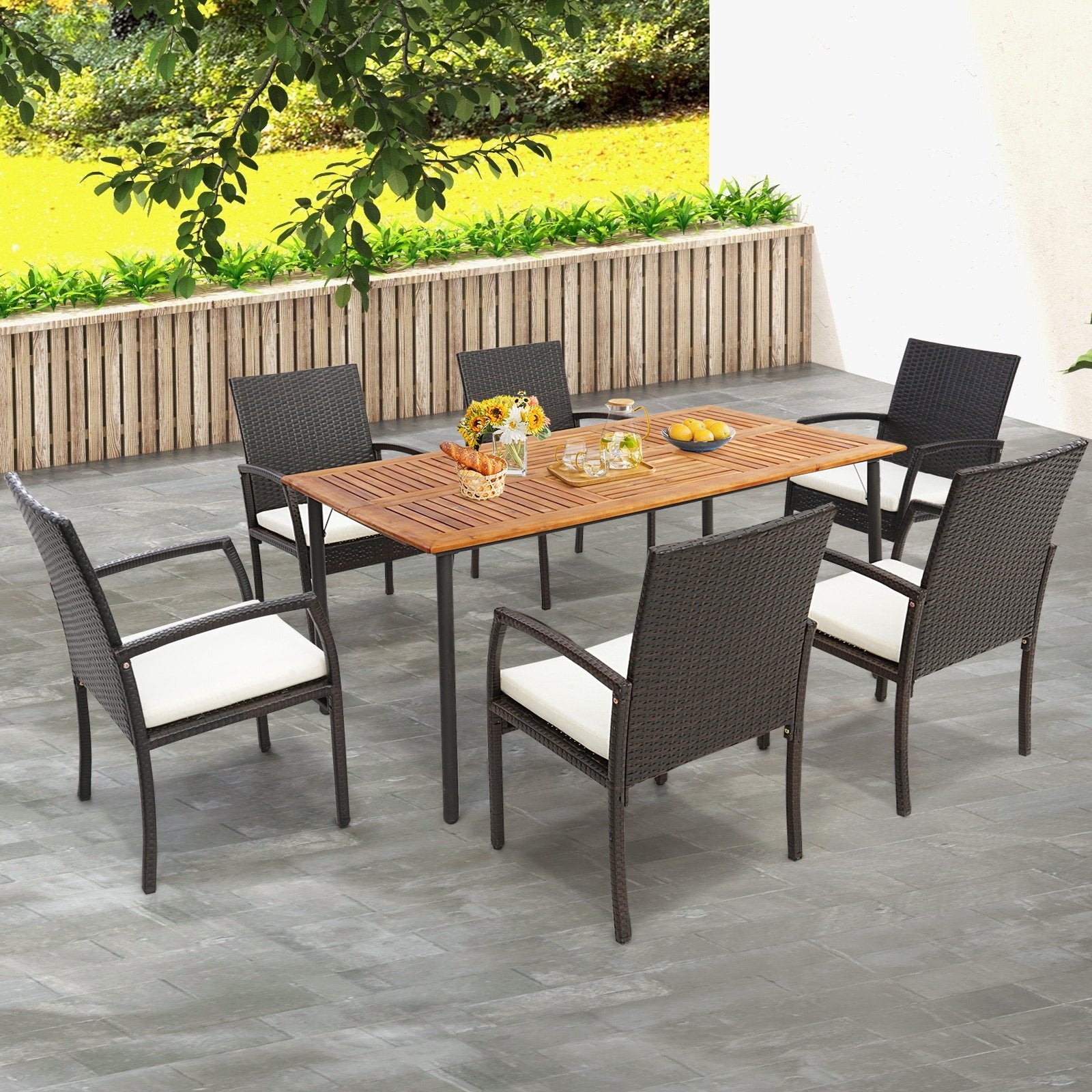 Patio Acacia Wood Dining Table with Umbrella Hole and Metal Legs, Natural Patio Dining Tables   at Gallery Canada