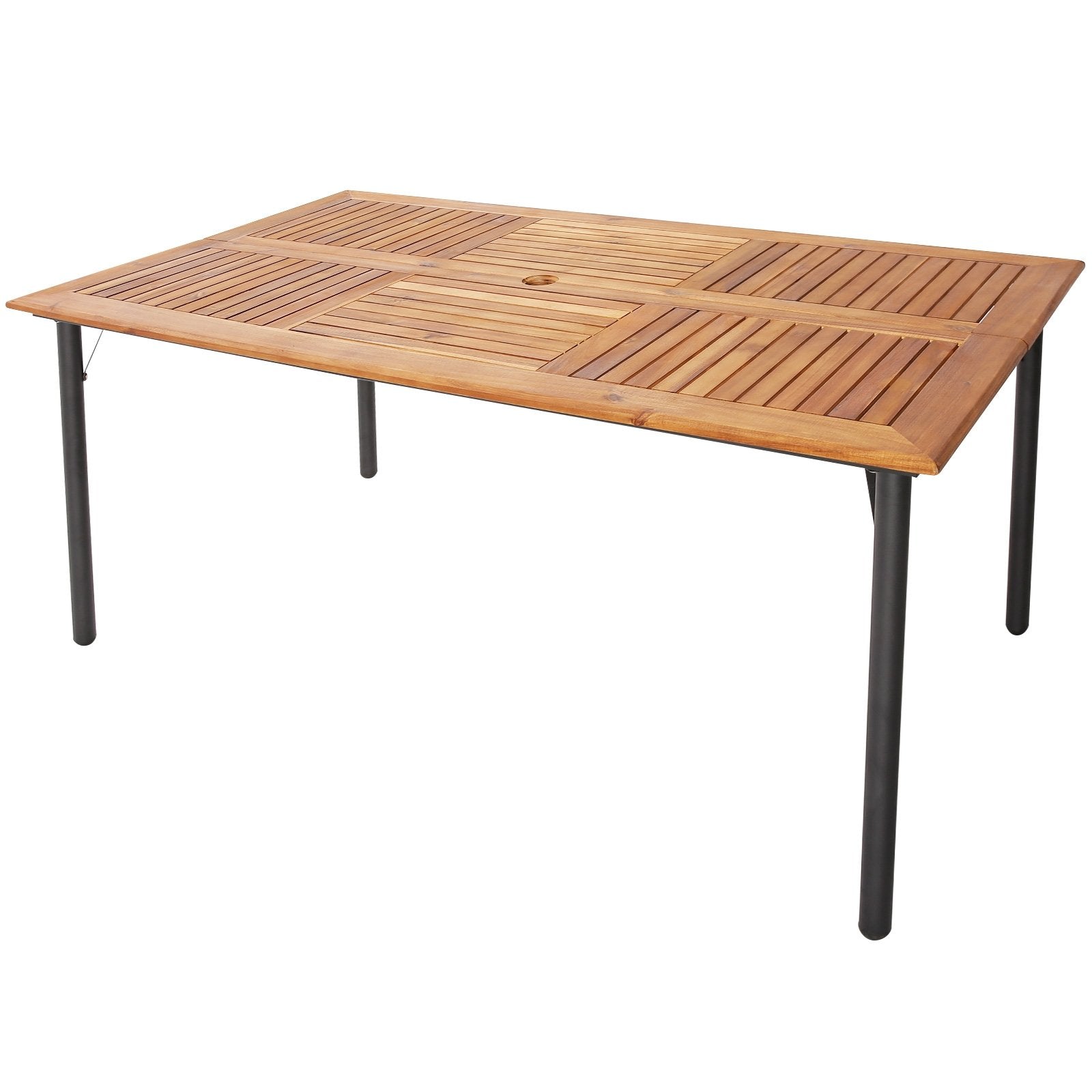 Patio Acacia Wood Dining Table with Umbrella Hole and Metal Legs, Natural Patio Dining Tables   at Gallery Canada