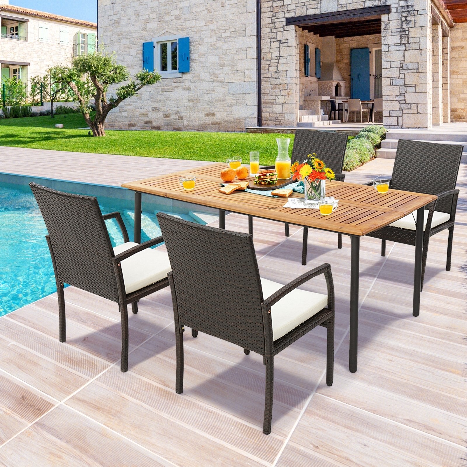 Patio Acacia Wood Dining Table with Umbrella Hole and Metal Legs, Natural Patio Dining Tables   at Gallery Canada