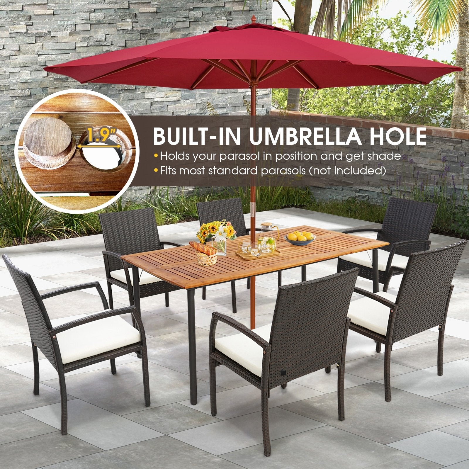 Patio Acacia Wood Dining Table with Umbrella Hole and Metal Legs, Natural Patio Dining Tables   at Gallery Canada