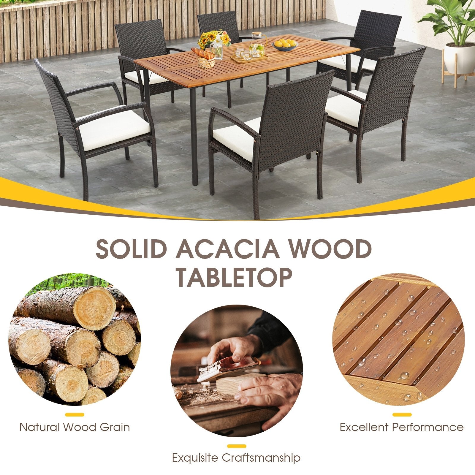 Patio Acacia Wood Dining Table with Umbrella Hole and Metal Legs, Natural Patio Dining Tables   at Gallery Canada