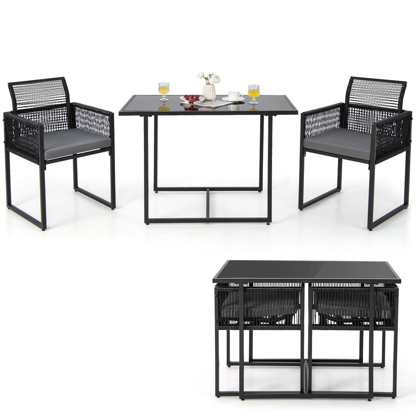 3 Pieces Outdoor Dining Set with Folding Backrest and Seat Cushions, Black Patio Dining Sets   at Gallery Canada