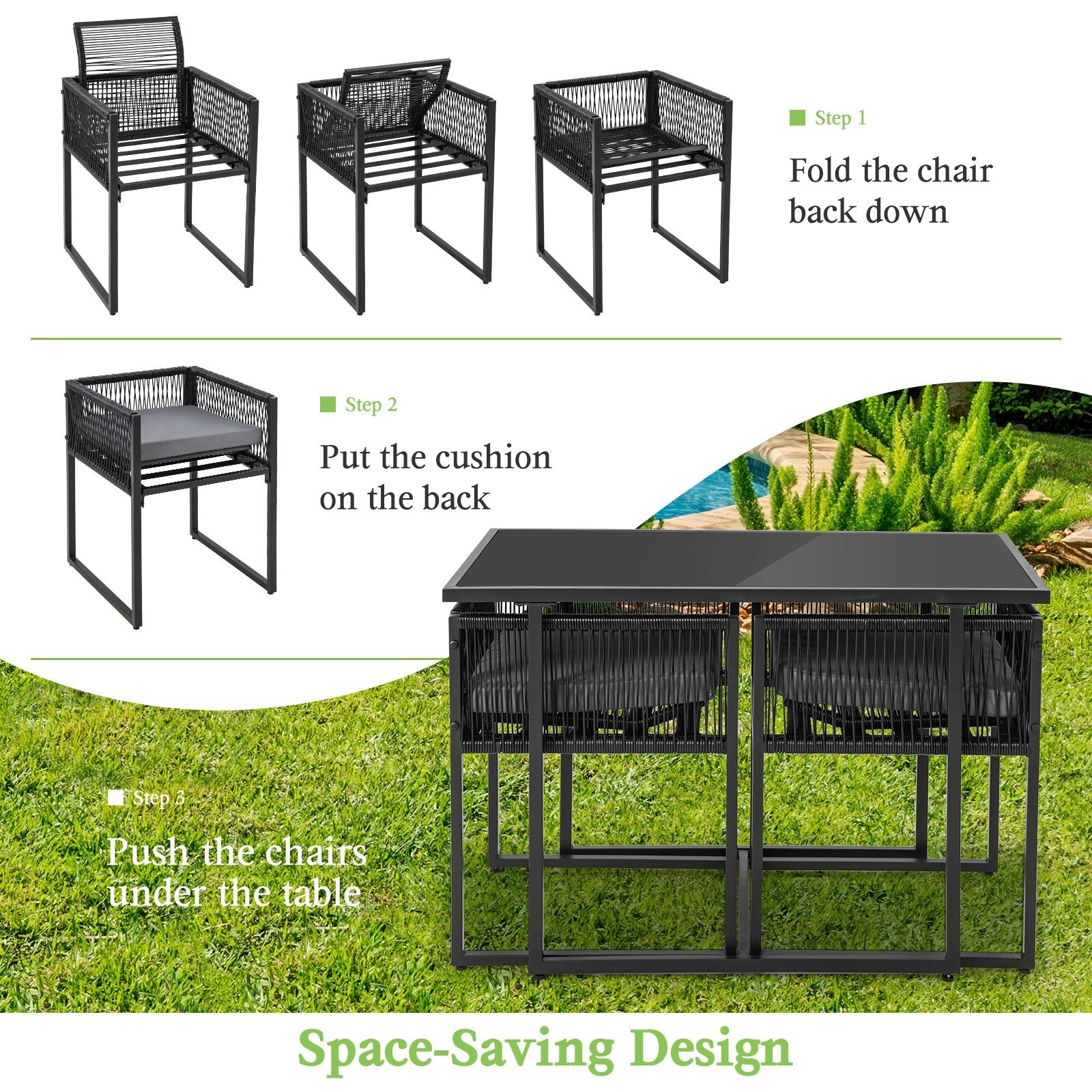 3 Pieces Outdoor Dining Set with Folding Backrest and Seat Cushions, Black Patio Dining Sets   at Gallery Canada