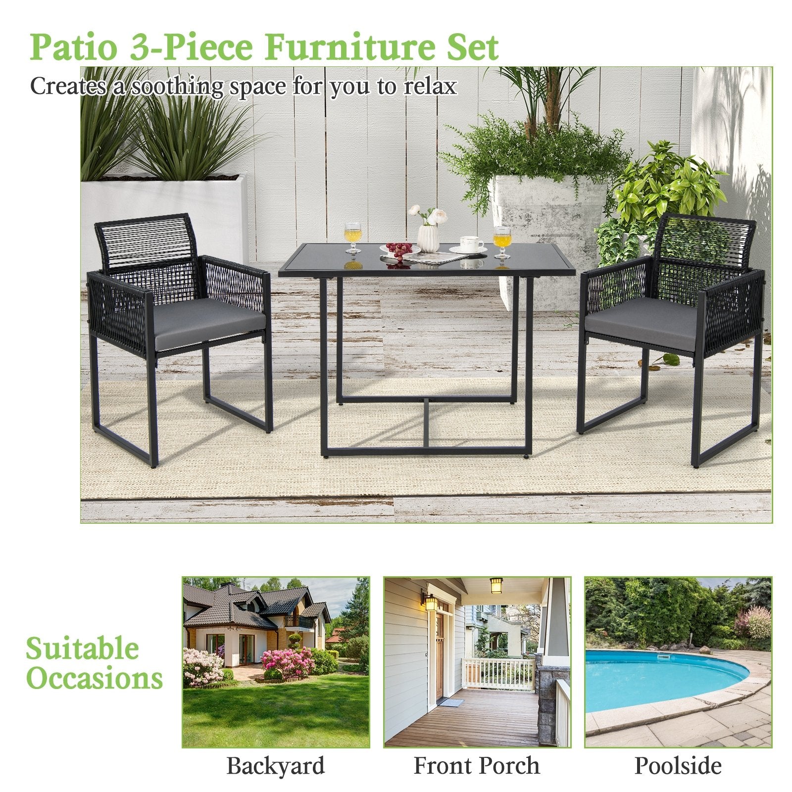 3 Pieces Outdoor Dining Set with Folding Backrest and Seat Cushions, Black Patio Dining Sets   at Gallery Canada