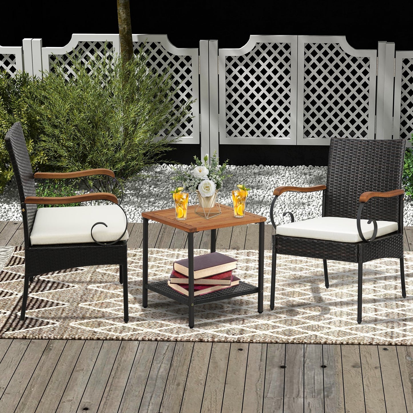 Set of 2/4 Outdoor PE Wicker Chair with Acacia Wood Armrests-Set of 2, Off White Patio Dining Chairs   at Gallery Canada