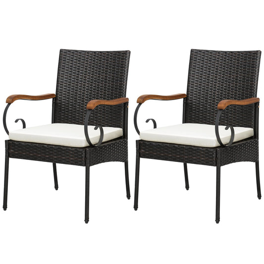Set of 2/4 Outdoor PE Wicker Chair with Acacia Wood Armrests-Set of 2, Off White - Gallery Canada