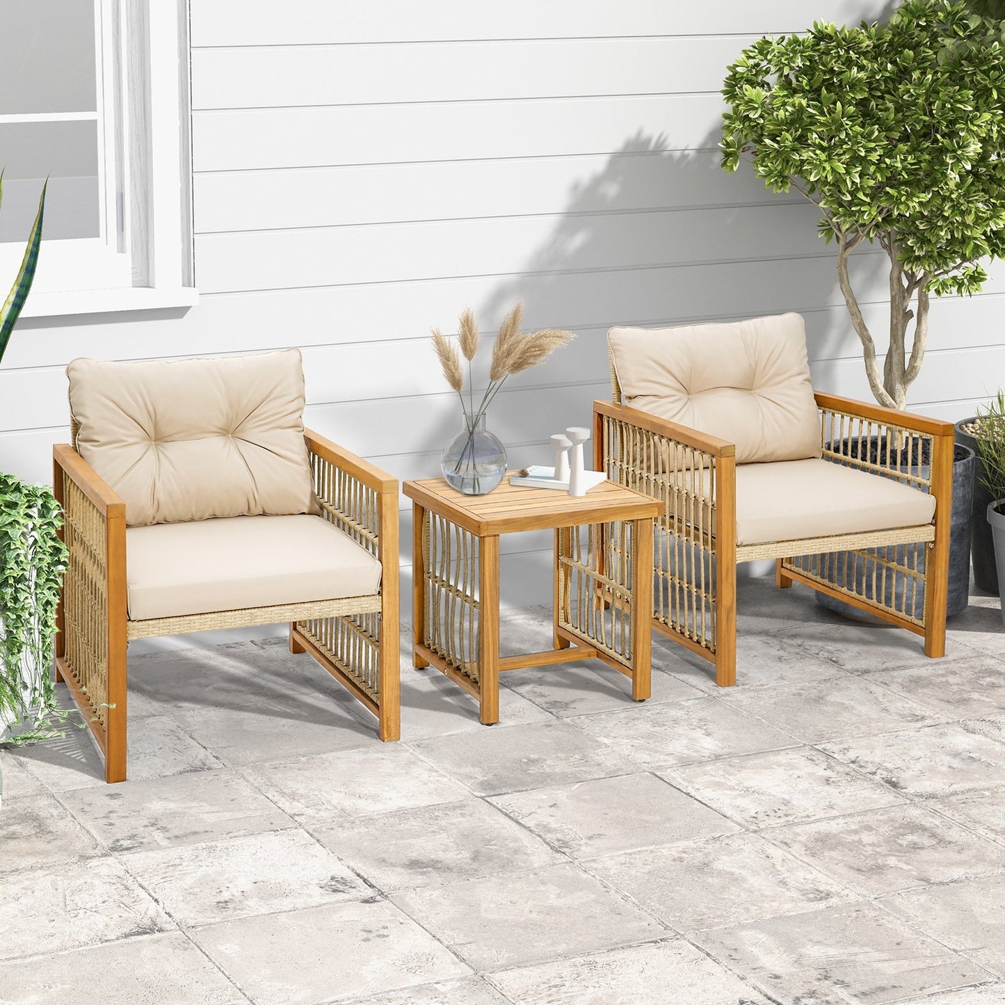 3 Pieces Patio PE Wicker Conversation Set with Acacia Wood Frame and Cushions, Beige - Gallery Canada