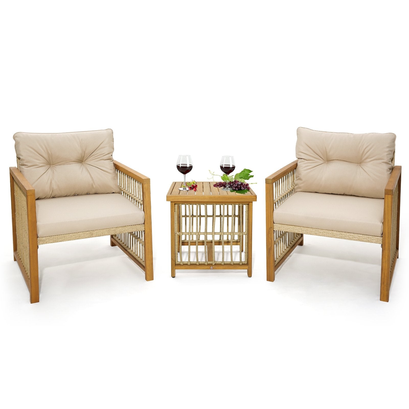 3 Pieces Patio PE Wicker Conversation Set with Acacia Wood Frame and Cushions, Beige - Gallery Canada