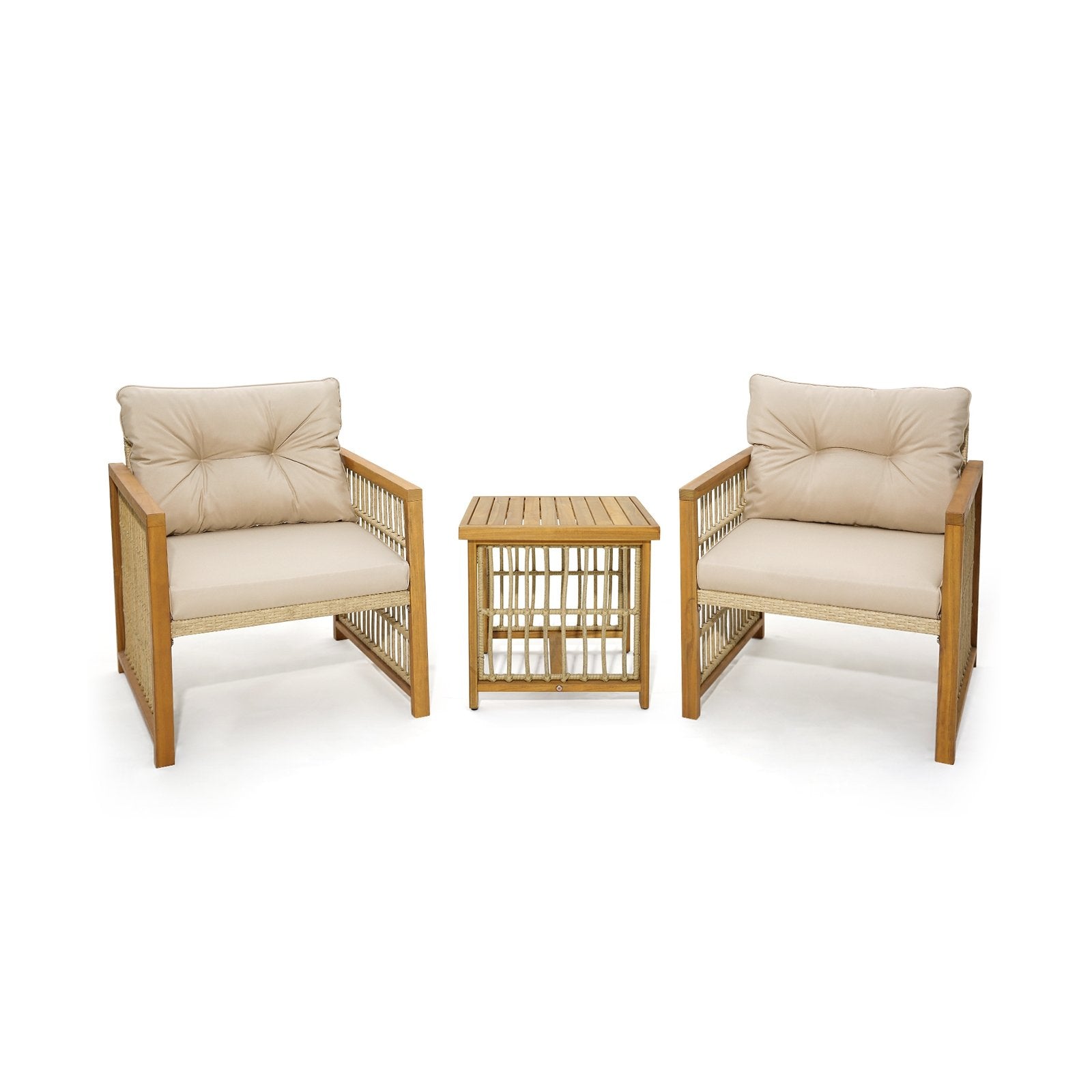 3 Pieces Patio PE Wicker Conversation Set with Acacia Wood Frame and Cushions, Beige - Gallery Canada