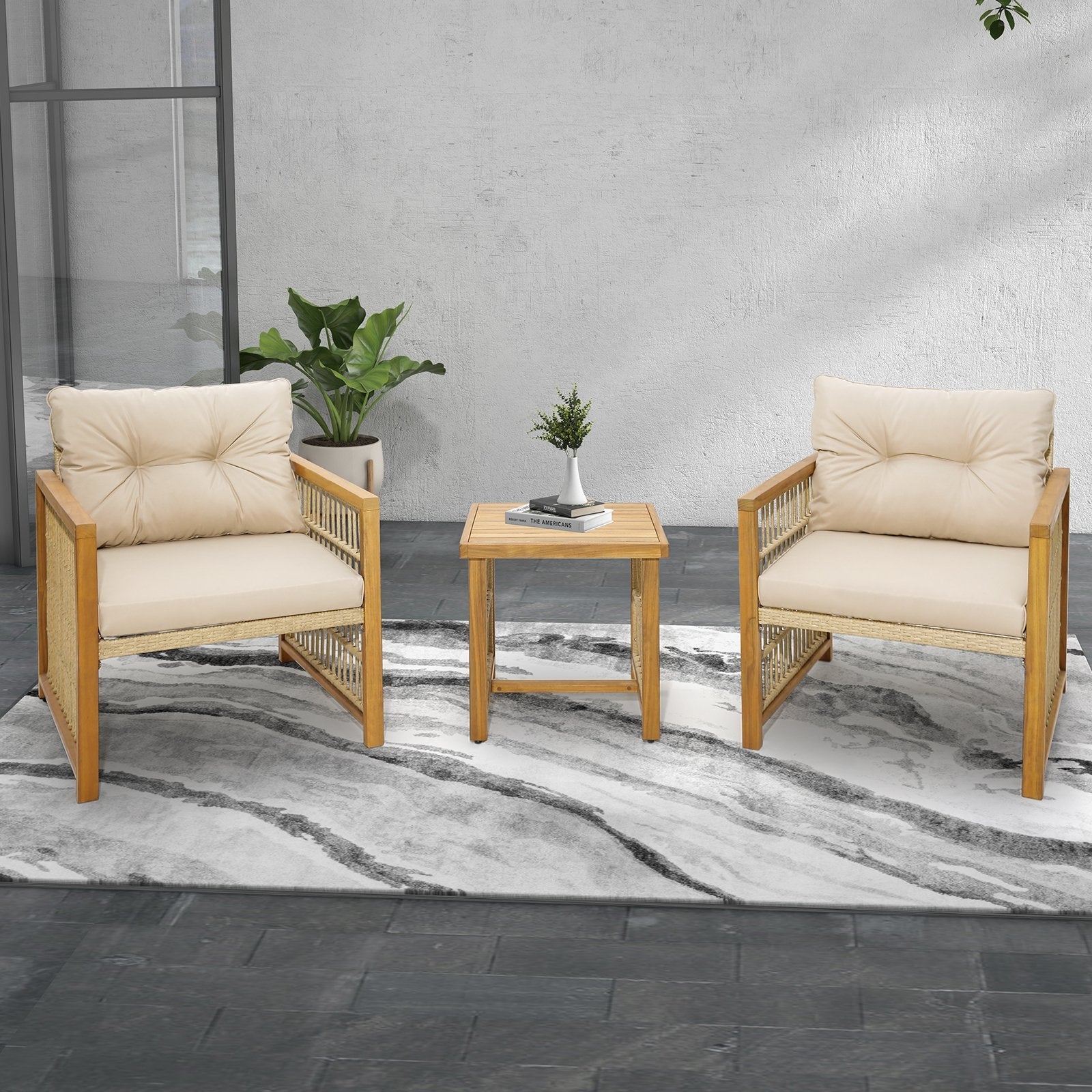 3 Pieces Patio PE Wicker Conversation Set with Acacia Wood Frame and Cushions, Beige Patio Conversation Sets   at Gallery Canada