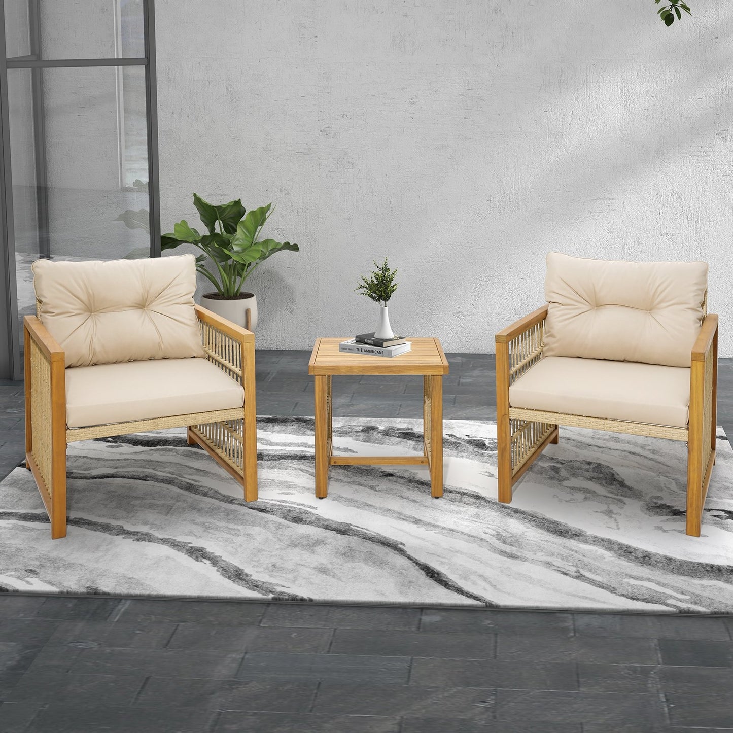 3 Pieces Patio PE Wicker Conversation Set with Acacia Wood Frame and Cushions, Beige - Gallery Canada