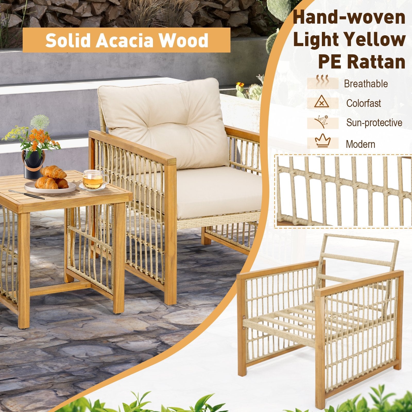 3 Pieces Patio PE Wicker Conversation Set with Acacia Wood Frame and Cushions, Beige Patio Conversation Sets   at Gallery Canada