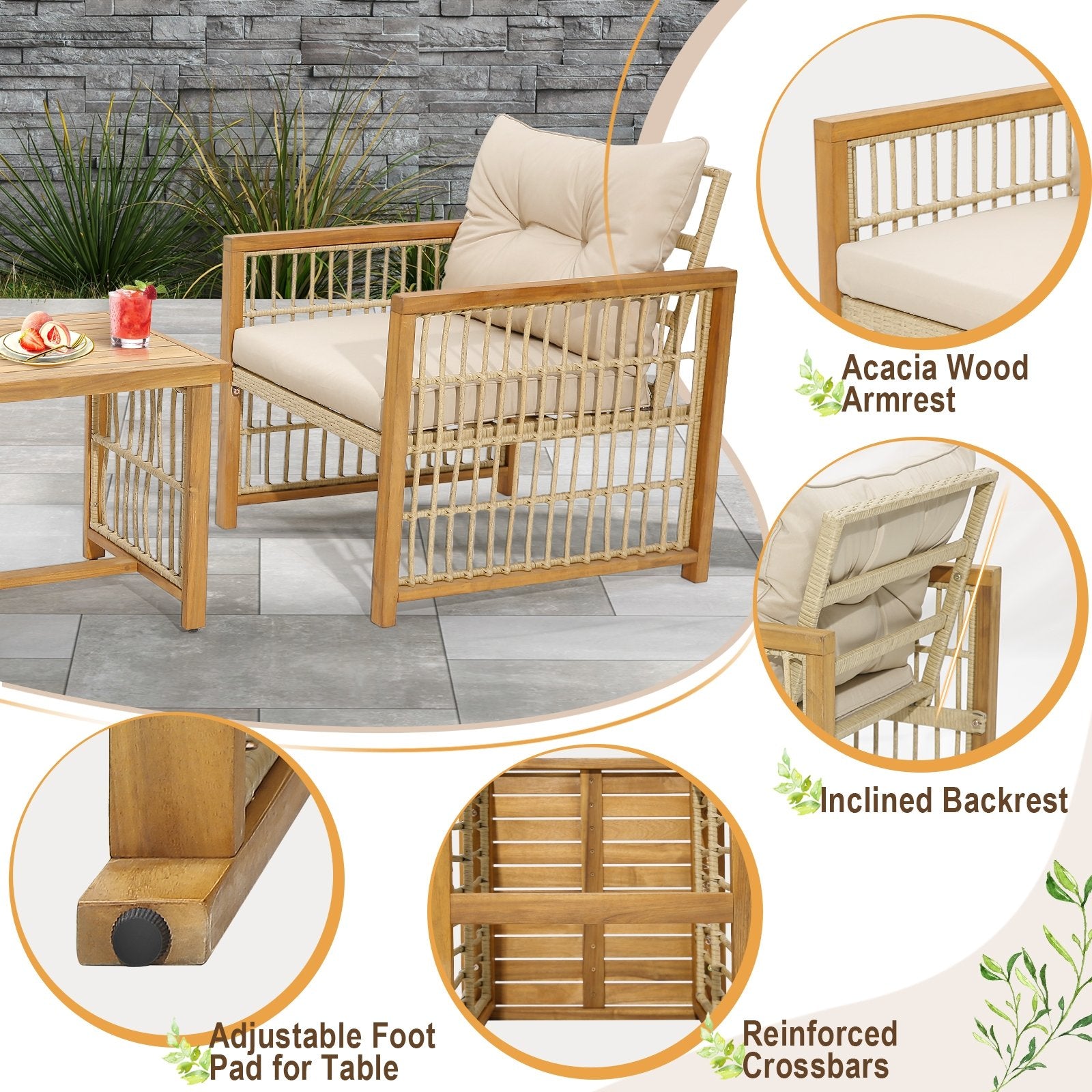 3 Pieces Patio PE Wicker Conversation Set with Acacia Wood Frame and Cushions, Beige - Gallery Canada