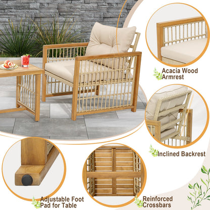 3 Pieces Patio PE Wicker Conversation Set with Acacia Wood Frame and Cushions, Beige - Gallery Canada