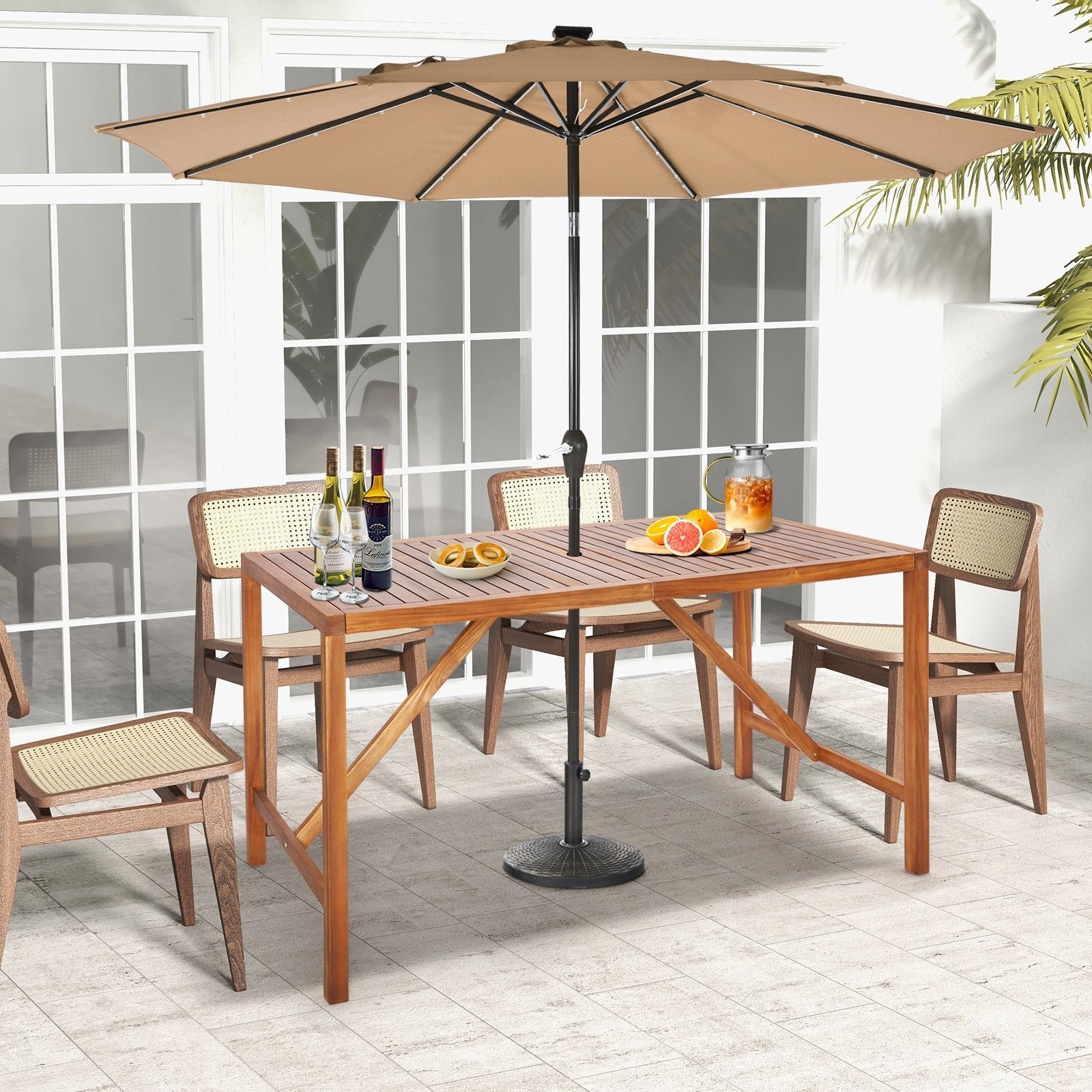 67 Inch Patio Rectangle Acacia Wood Dining Table with Umbrella Hole, Natural Patio Dining Tables   at Gallery Canada