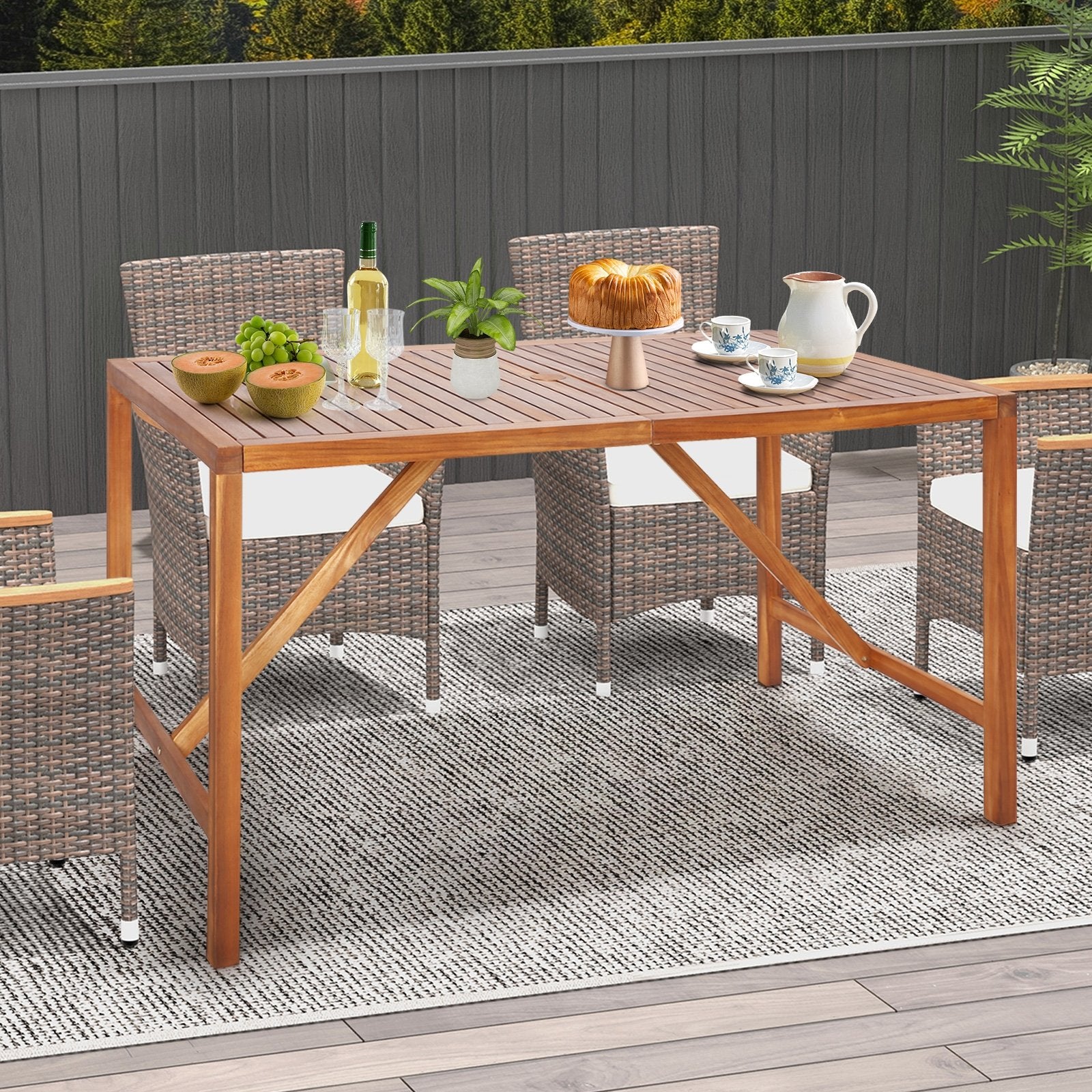 67 Inch Patio Rectangle Acacia Wood Dining Table with Umbrella Hole, Natural Patio Dining Tables   at Gallery Canada