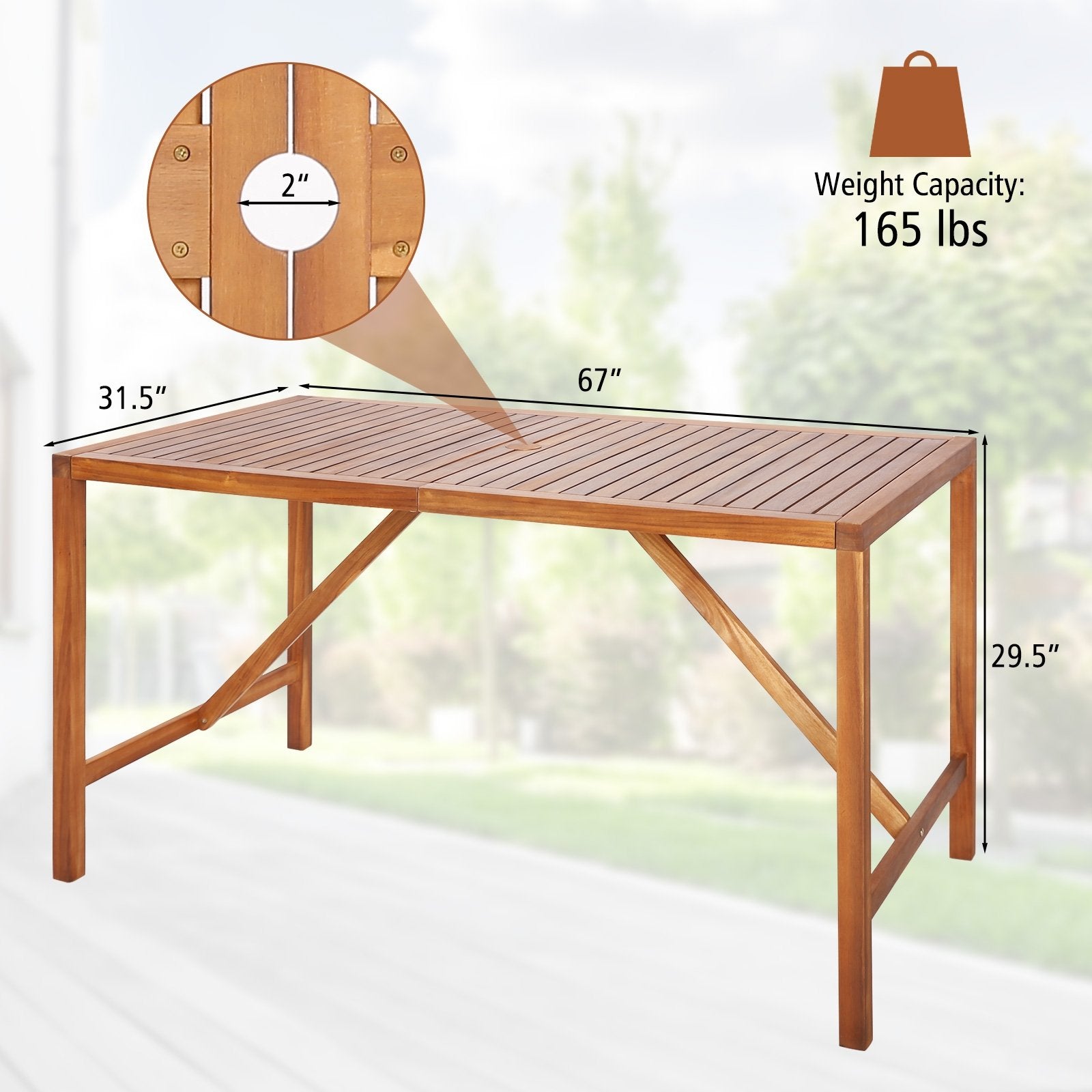 67 Inch Patio Rectangle Acacia Wood Dining Table with Umbrella Hole, Natural Patio Dining Tables   at Gallery Canada