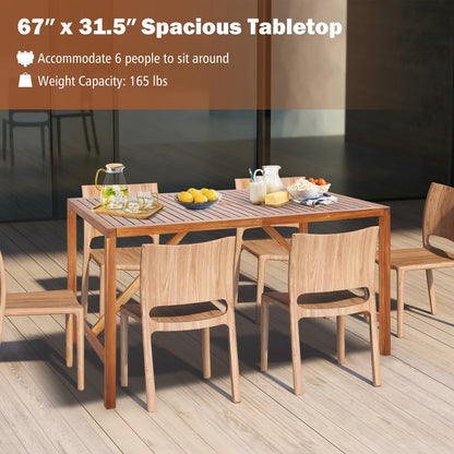 67 Inch Patio Rectangle Acacia Wood Dining Table with Umbrella Hole, Natural Patio Dining Tables   at Gallery Canada