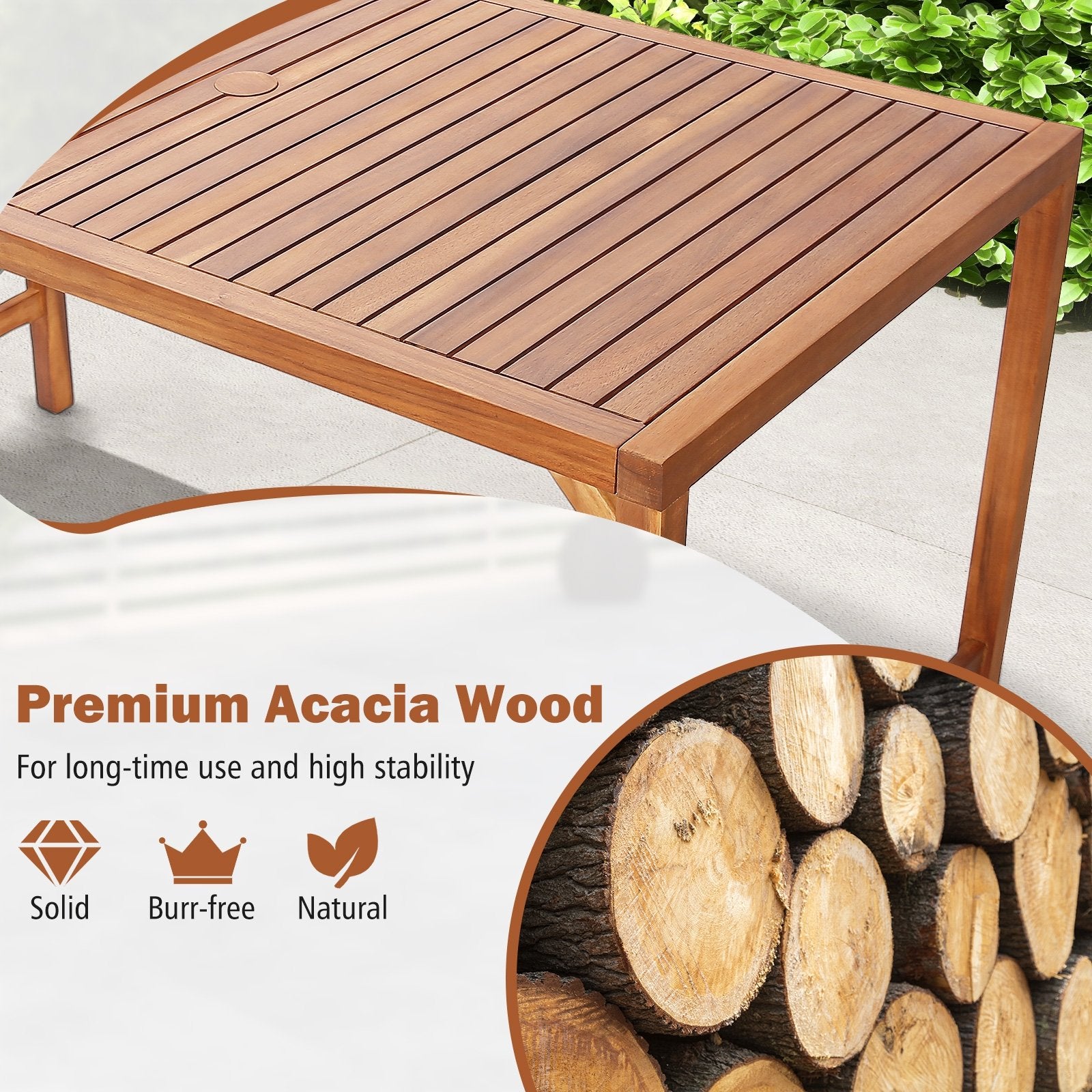 67 Inch Patio Rectangle Acacia Wood Dining Table with Umbrella Hole, Natural Patio Dining Tables   at Gallery Canada