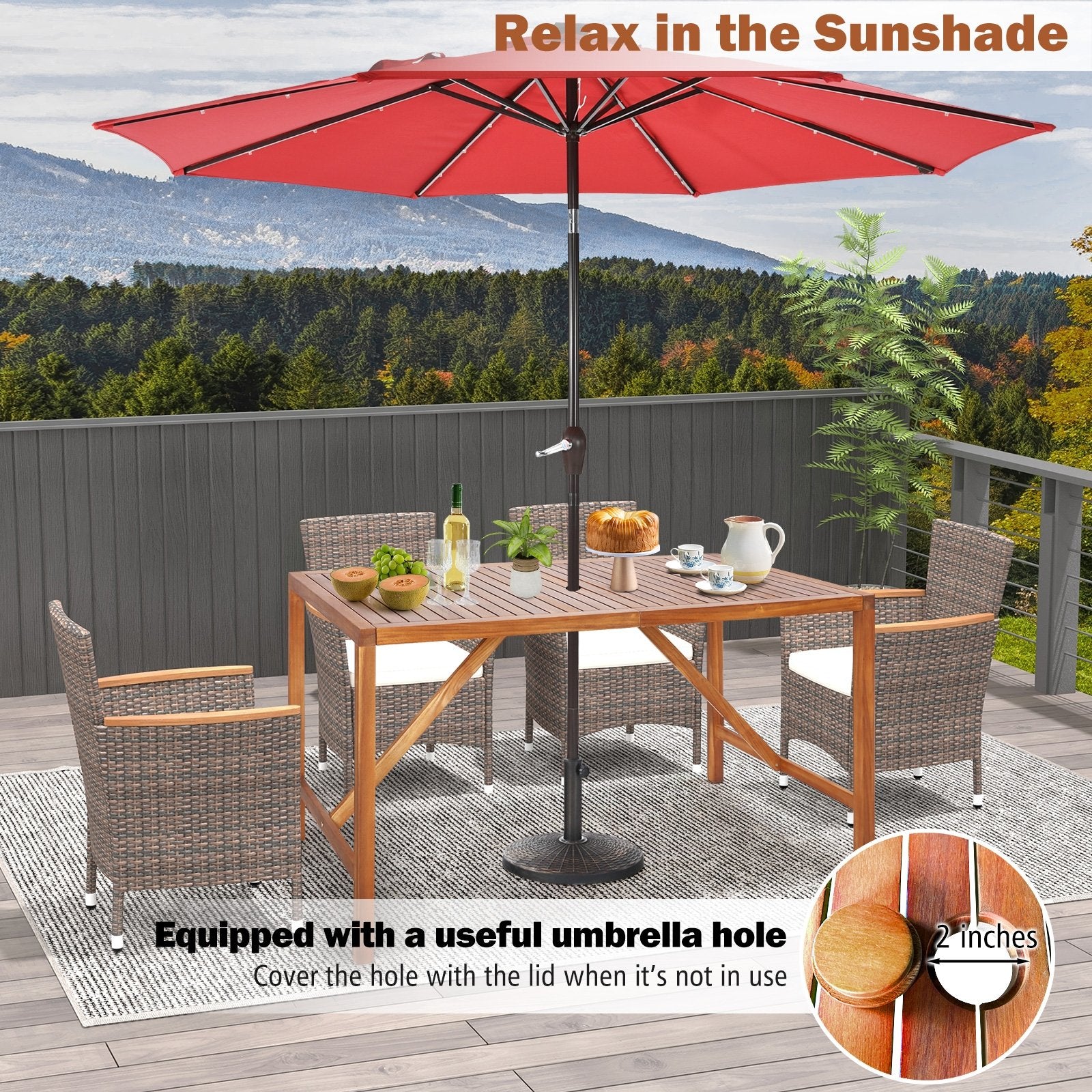 67 Inch Patio Rectangle Acacia Wood Dining Table with Umbrella Hole, Natural Patio Dining Tables   at Gallery Canada