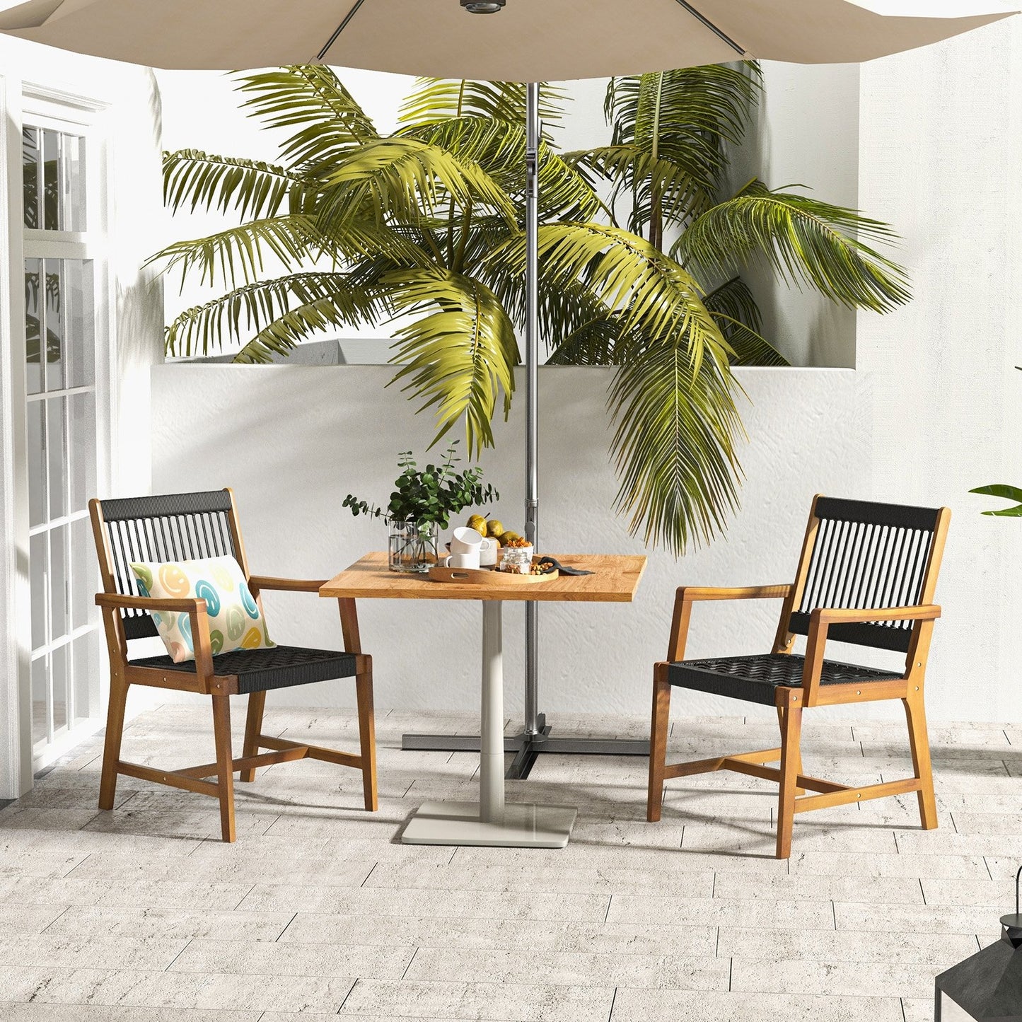 Set of 2 Patio Acacia Wood Dining Chairs with Armrests for Lawn Yard, Black Patio Dining Chairs   at Gallery Canada