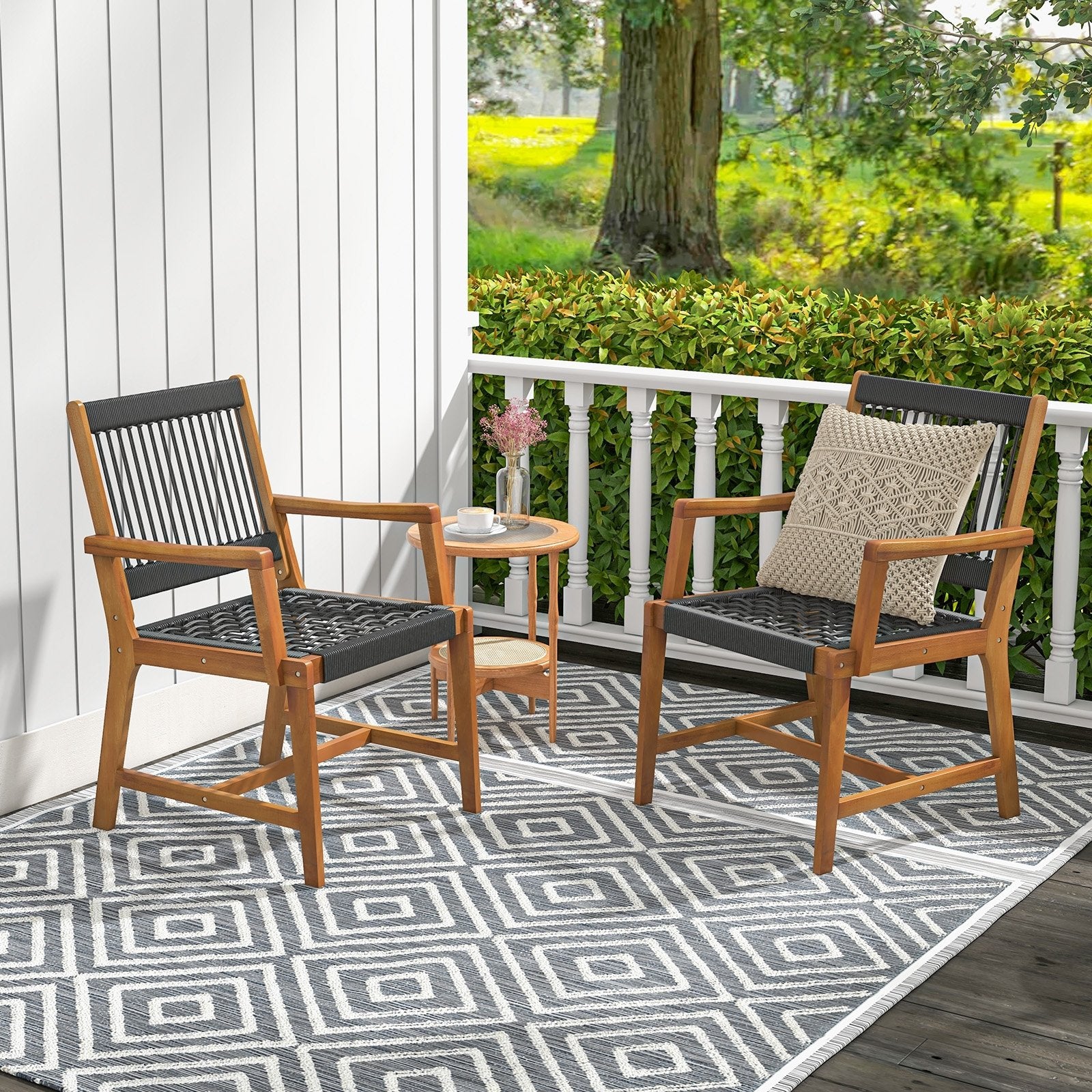 Set of 2 Patio Acacia Wood Dining Chairs with Armrests for Lawn Yard, Black Patio Dining Chairs   at Gallery Canada