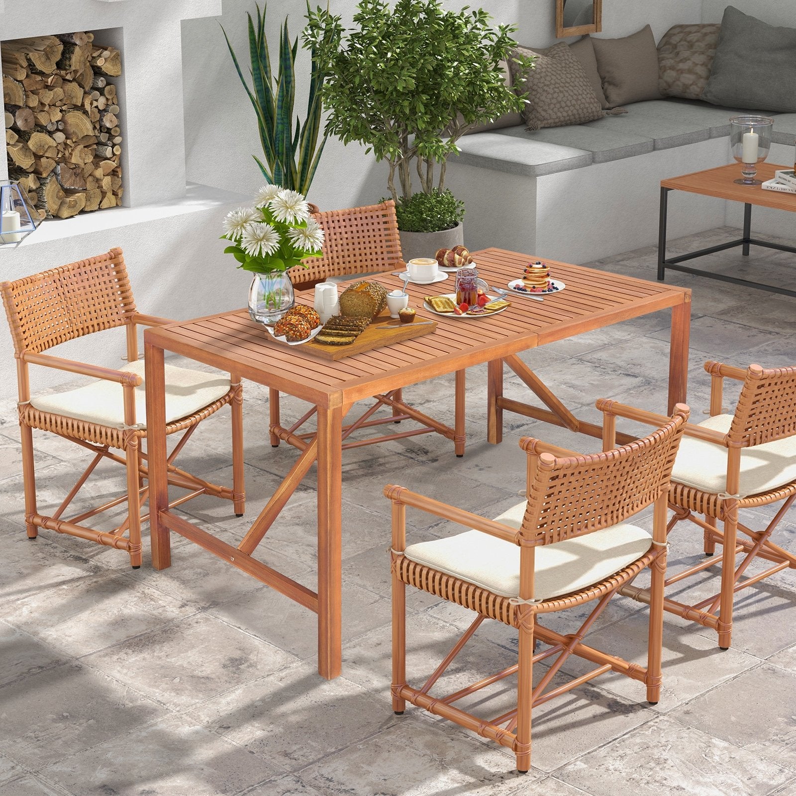 55 Inch Patio Rectangular Acacia Wood Dining Table with Umbrella Hole, Natural Patio Dining Tables   at Gallery Canada