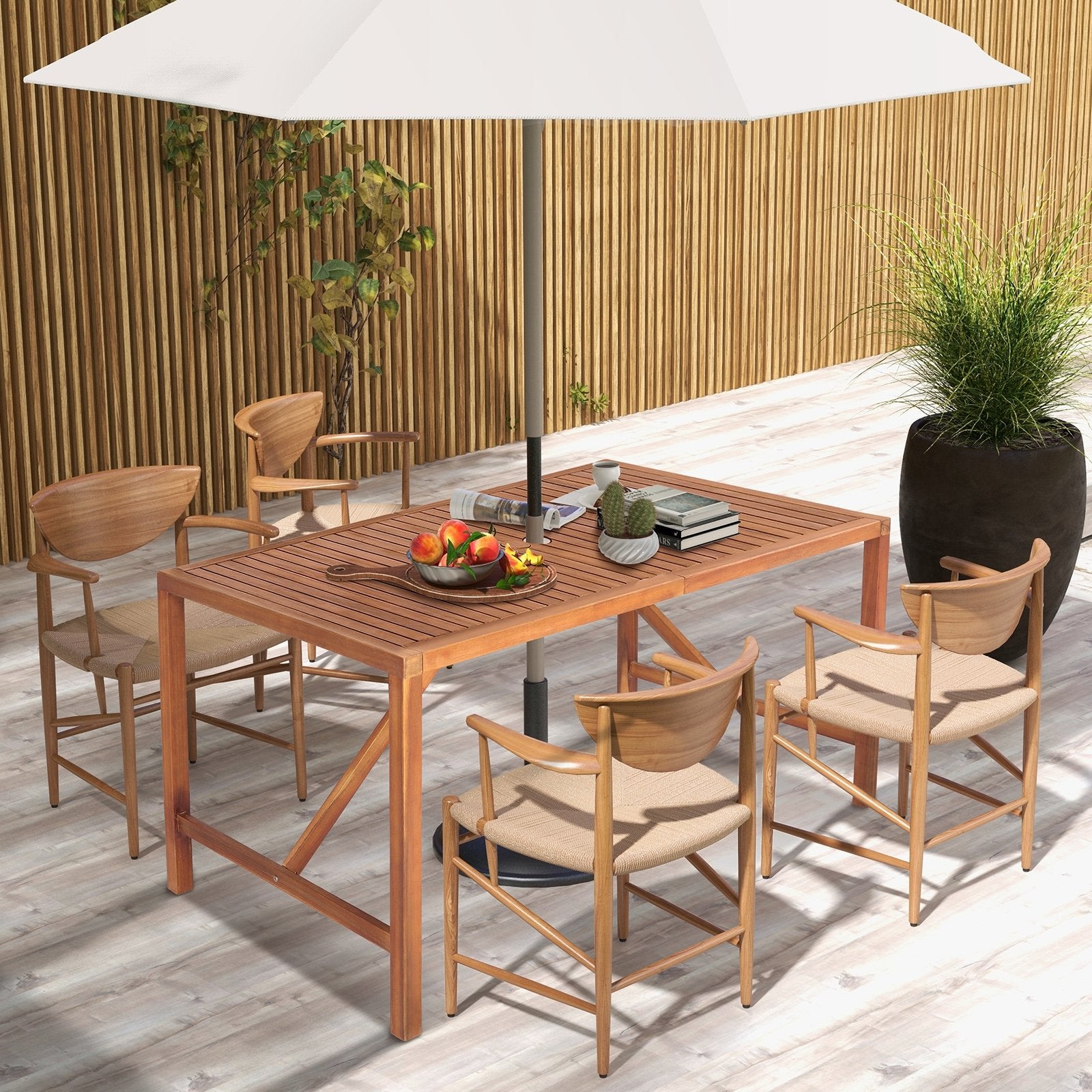 55 Inch Patio Rectangular Acacia Wood Dining Table with Umbrella Hole, Natural Patio Dining Tables   at Gallery Canada