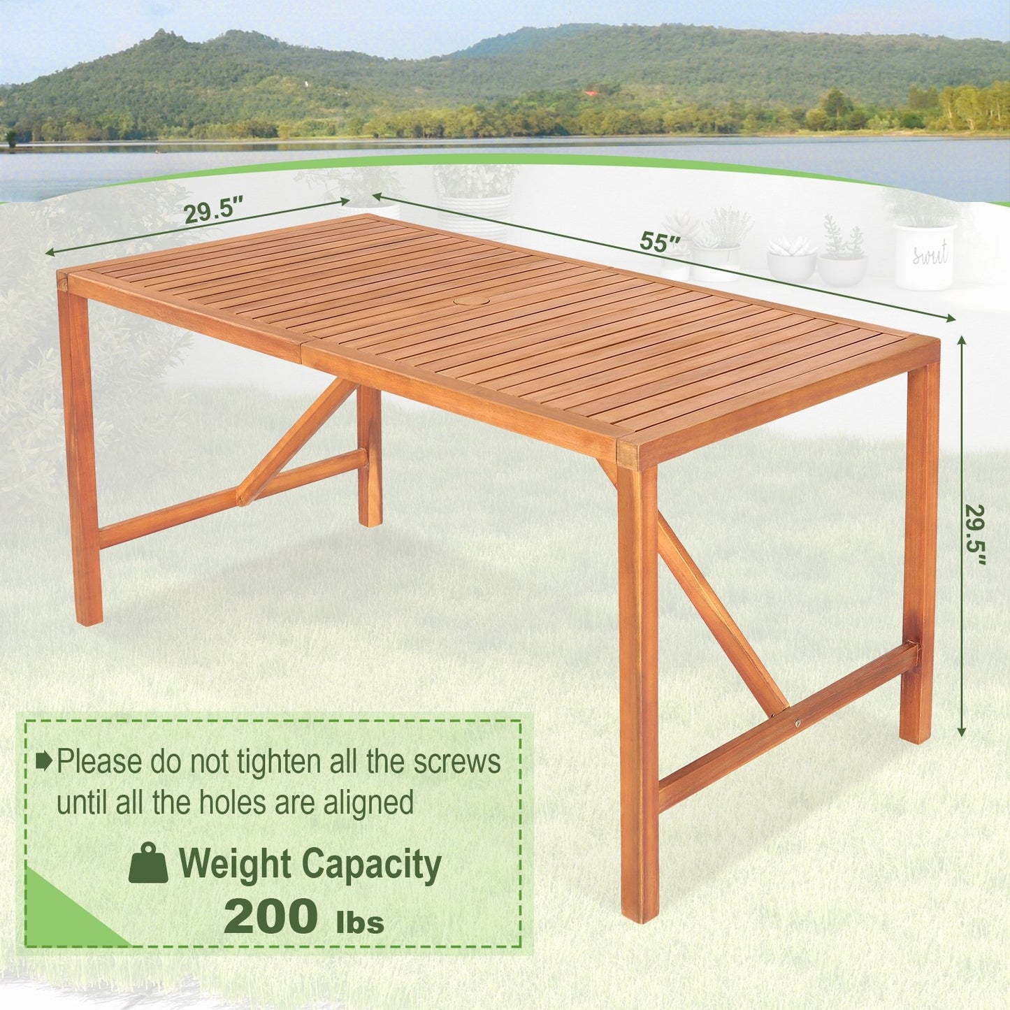 55 Inch Patio Rectangular Acacia Wood Dining Table with Umbrella Hole, Natural - Gallery Canada