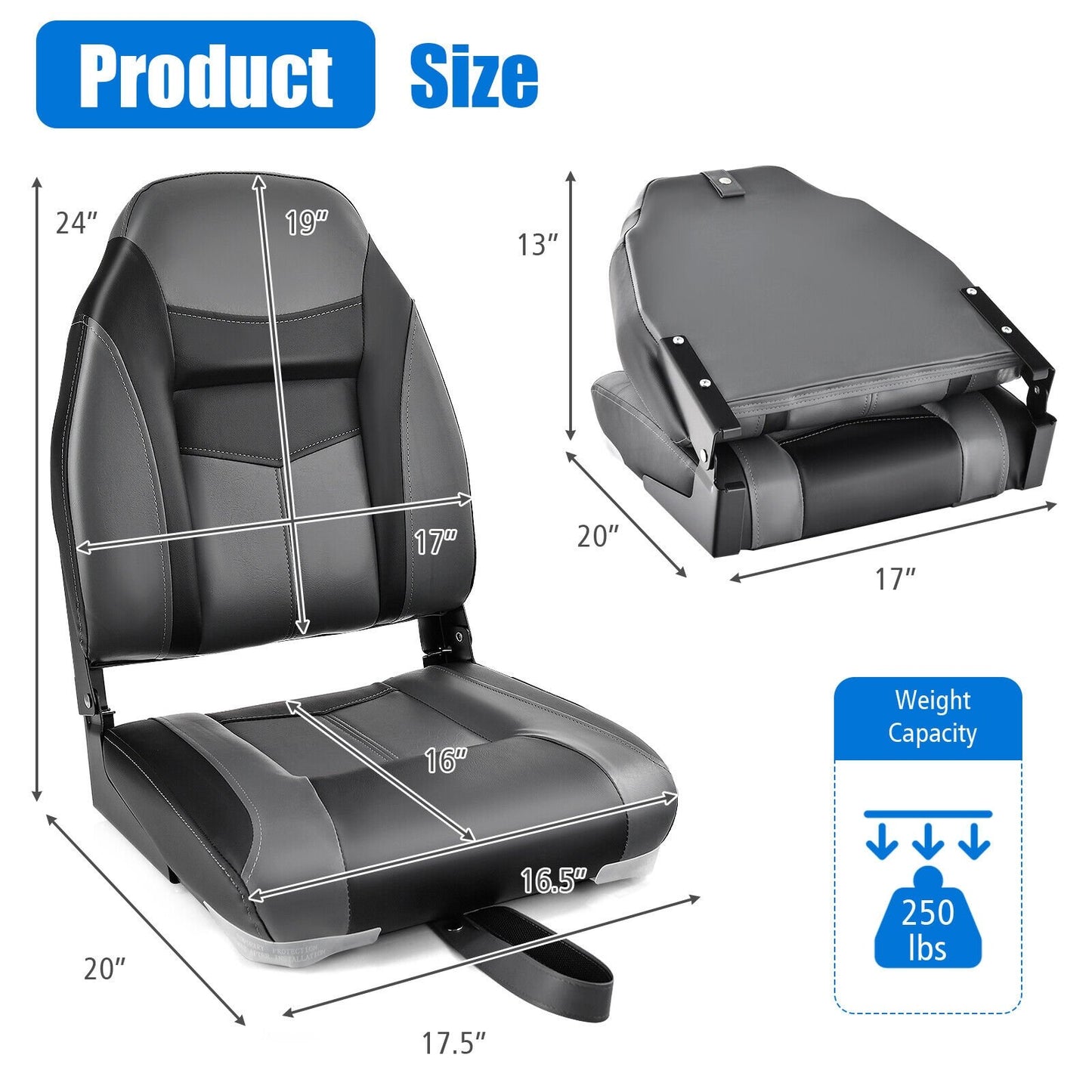 High Back Folding Boat Seats with Black Grey Sponge Cushion and Flexible Hinges-1 Piece, Black Water Sports   at Gallery Canada