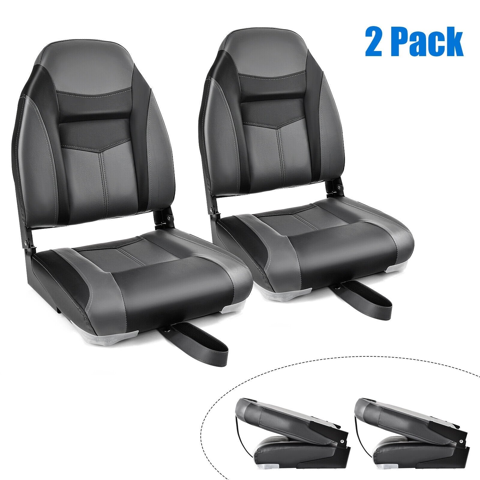 High Back Folding Boat Seats with Black Grey Sponge Cushion and Flexible Hinges-Set of 2, Black Water Sports   at Gallery Canada