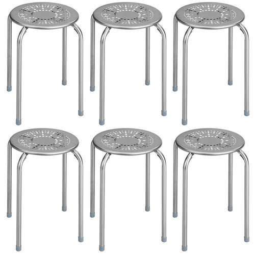 6-Pack Stackable Multifunctional Daisy Design Backless Round Metal Stool Set-Grey, Gray