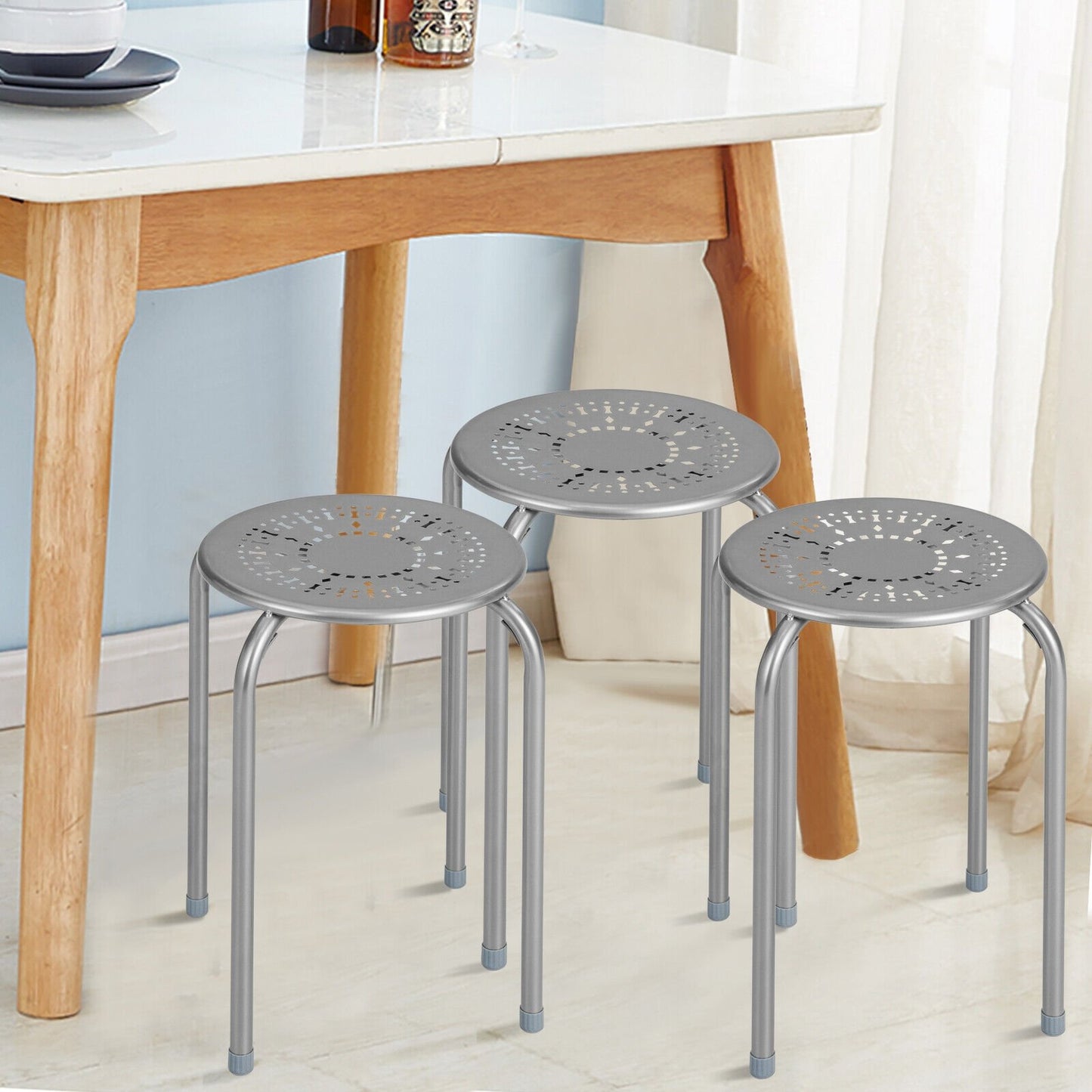 6-Pack Stackable Multifunctional Daisy Design Backless Round Metal Stool Set-Grey, Gray Dining Chairs   at Gallery Canada