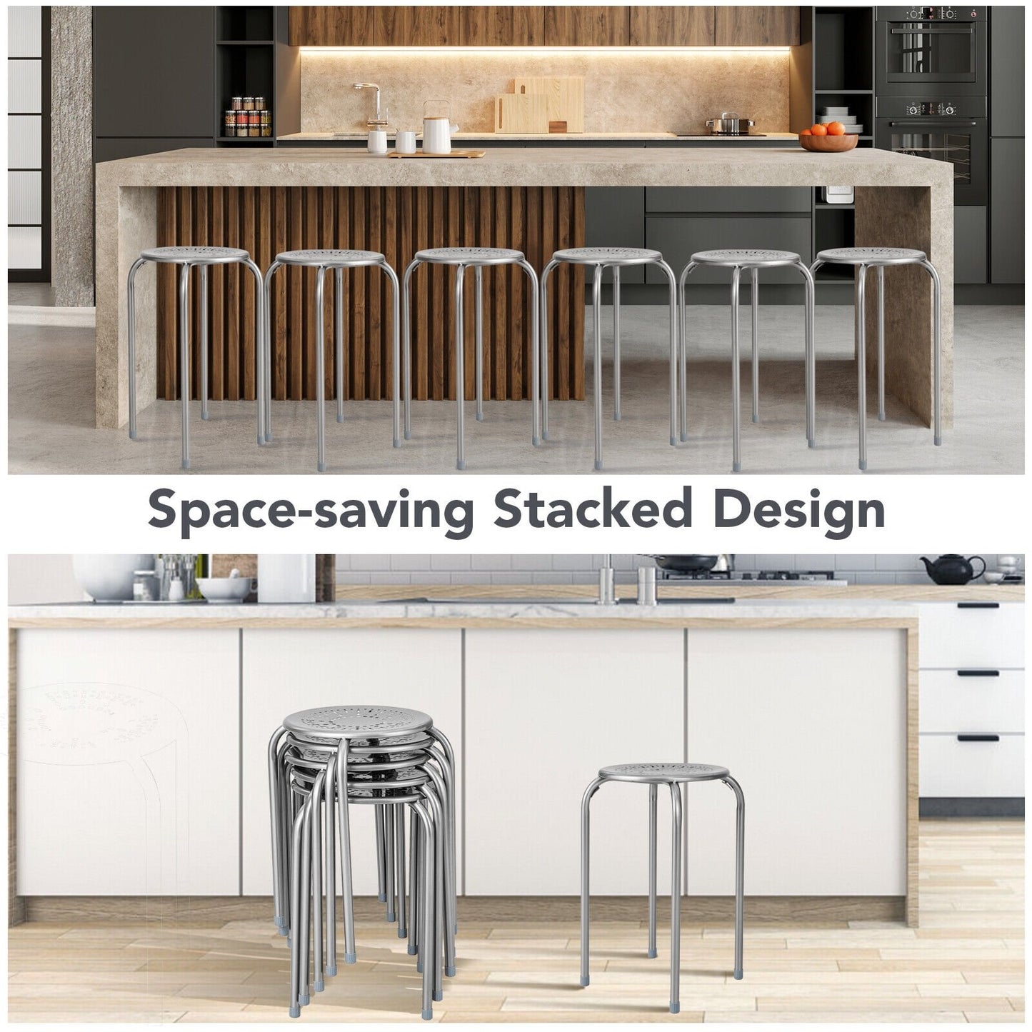 6-Pack Stackable Multifunctional Daisy Design Backless Round Metal Stool Set-Grey, Gray Dining Chairs   at Gallery Canada