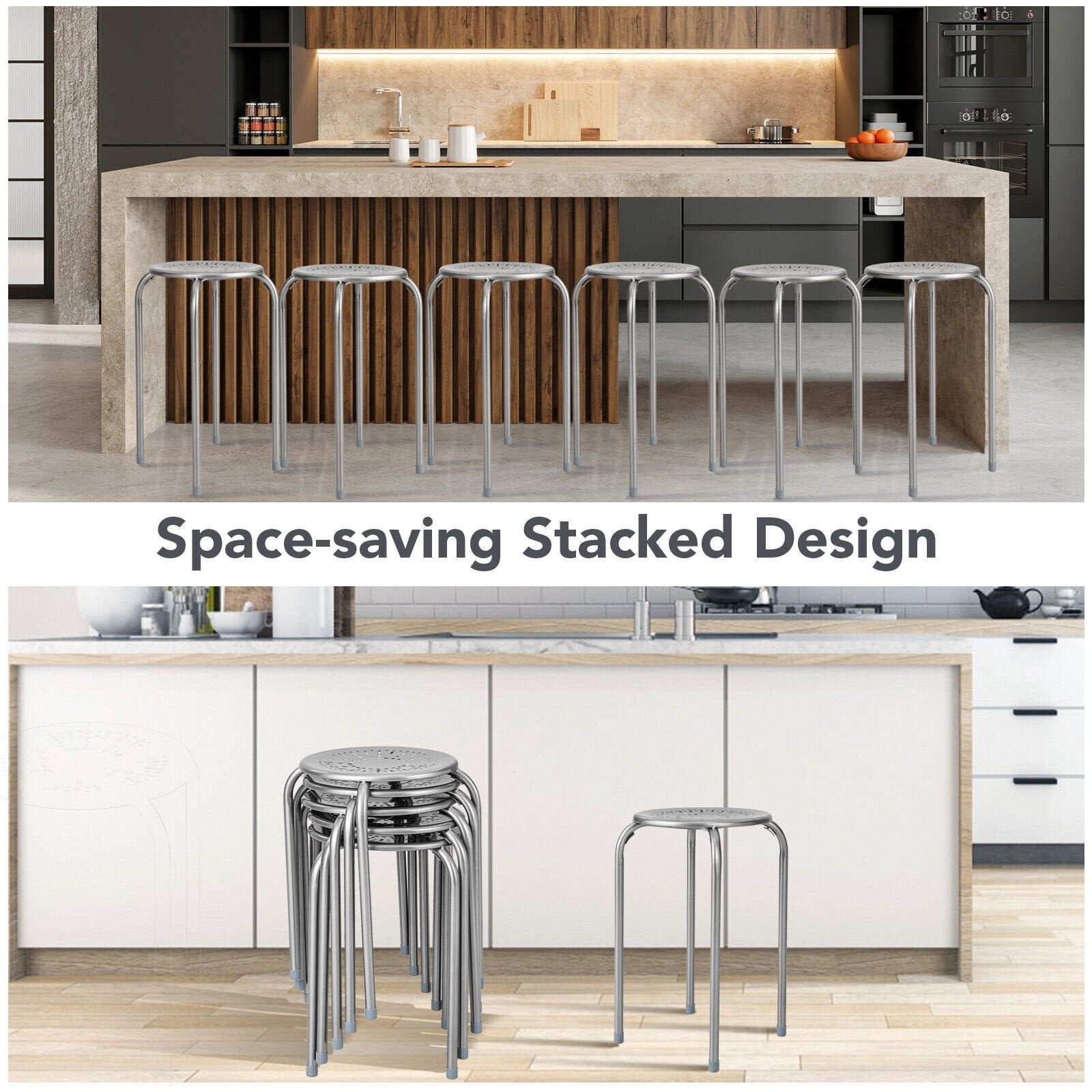 6-Pack Stackable Multifunctional Daisy Design Backless Round Metal Stool Set-Grey, Gray Dining Chairs   at Gallery Canada