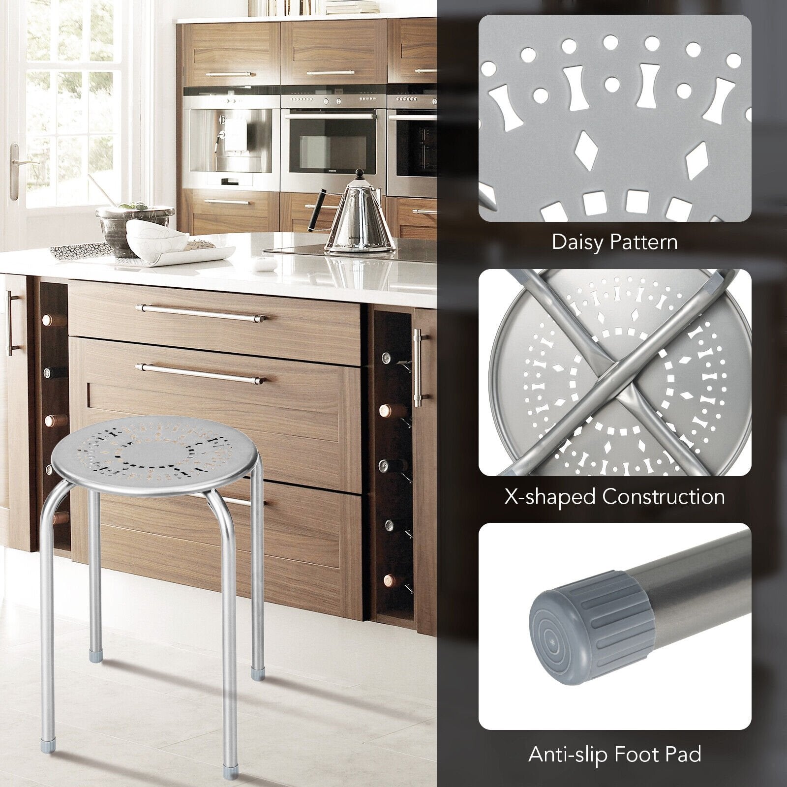 6-Pack Stackable Multifunctional Daisy Design Backless Round Metal Stool Set-Grey, Gray Dining Chairs   at Gallery Canada