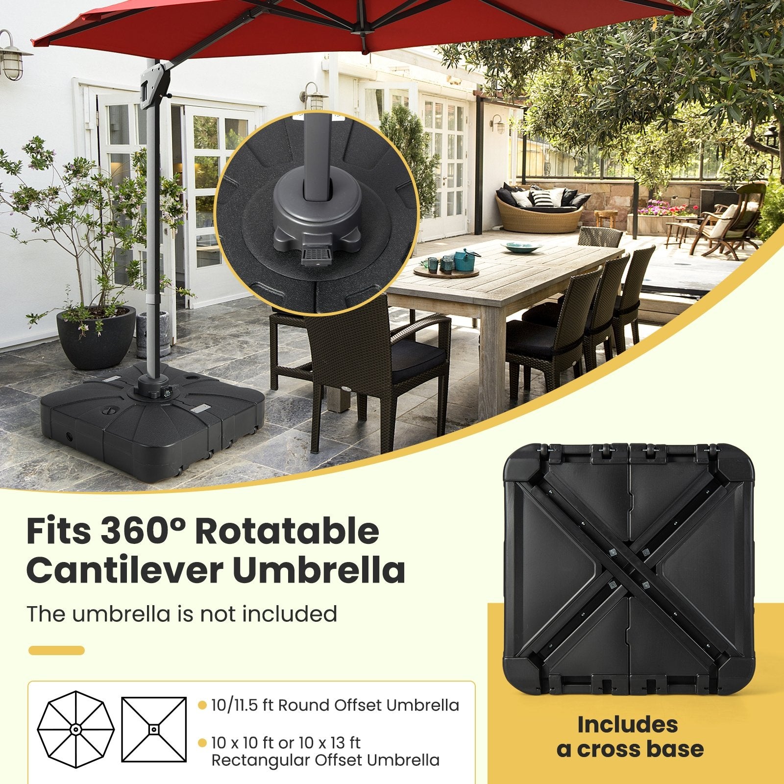 33.5 x 33.5 Inch Fillable Cantilever Umbrella Base with Wheels, Black Outdoor Umbrella Bases   at Gallery Canada