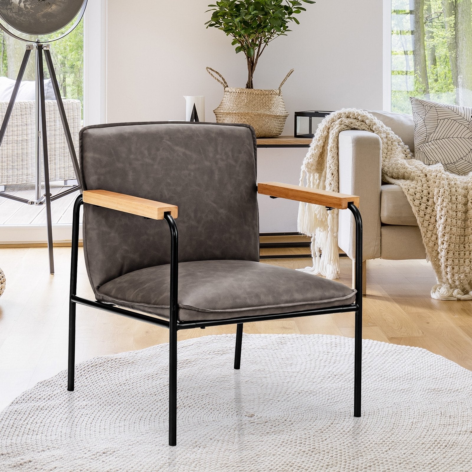 PU Leather Accent Chair with Rubber Wood Armrests, Gray Accent Chairs   at Gallery Canada