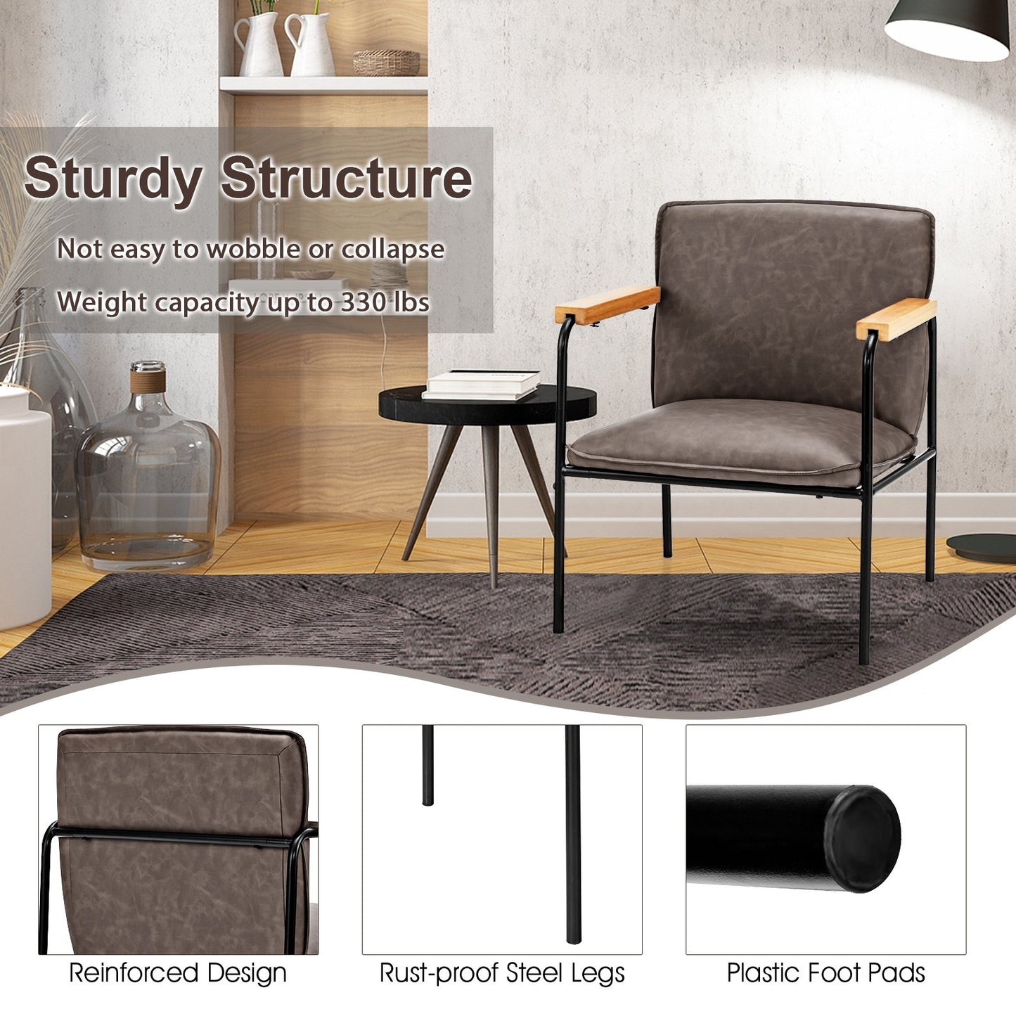 PU Leather Accent Chair with Rubber Wood Armrests, Gray Accent Chairs   at Gallery Canada