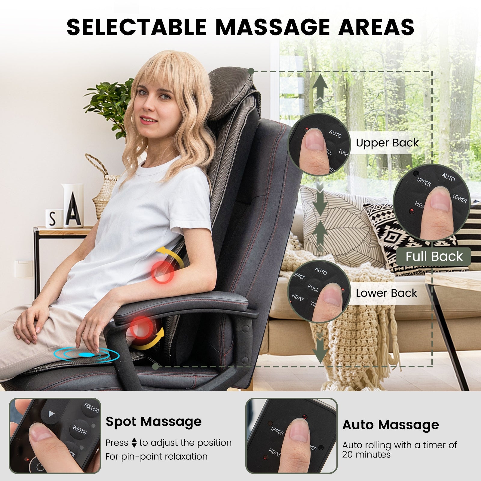 Massage Chair Pad with Heat and Vibration, Black Back Massager at Gallery Canada