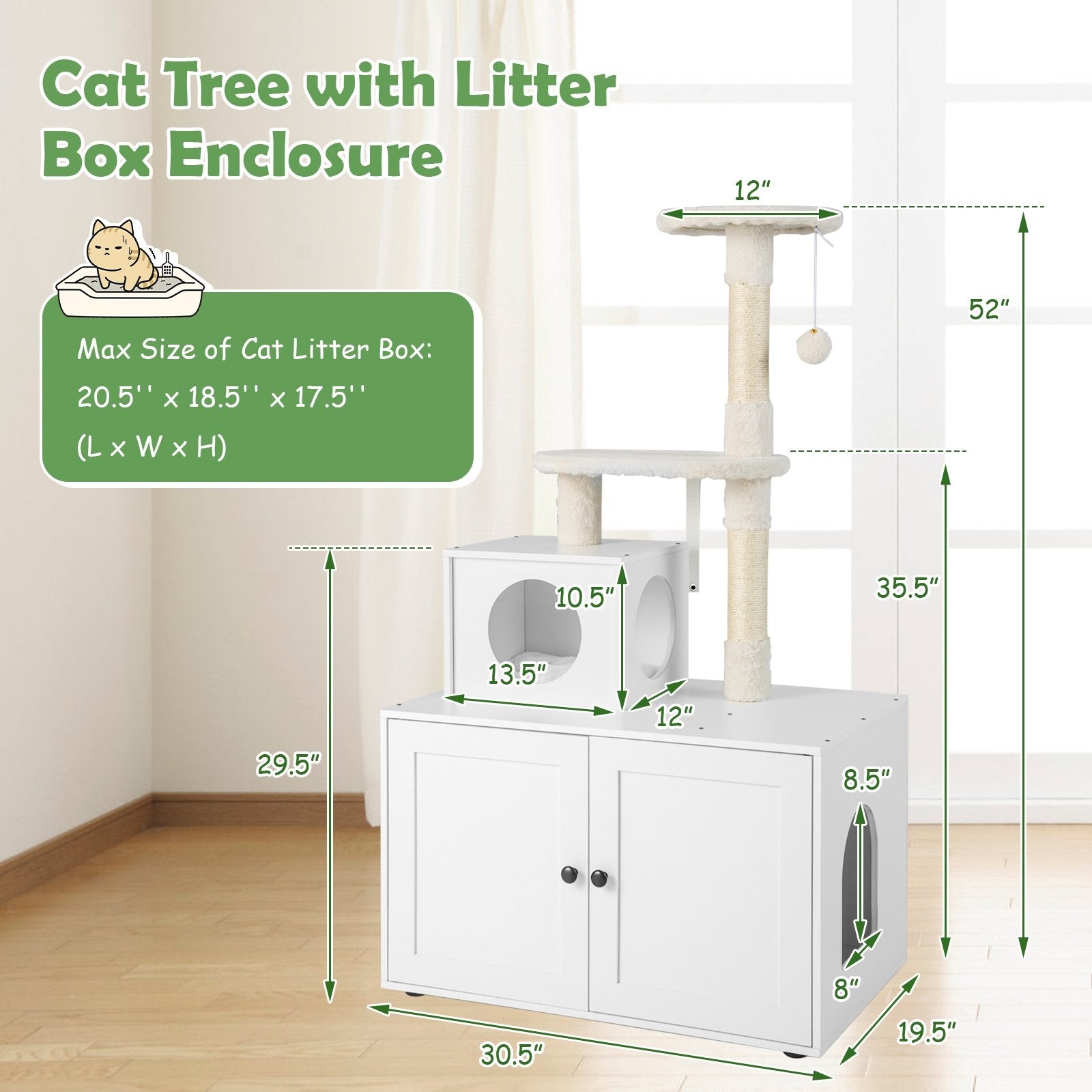 Cat Tree with Litter Box Enclosure with Cat Condo, White Cat Trees Condos & Scratchers   at Gallery Canada